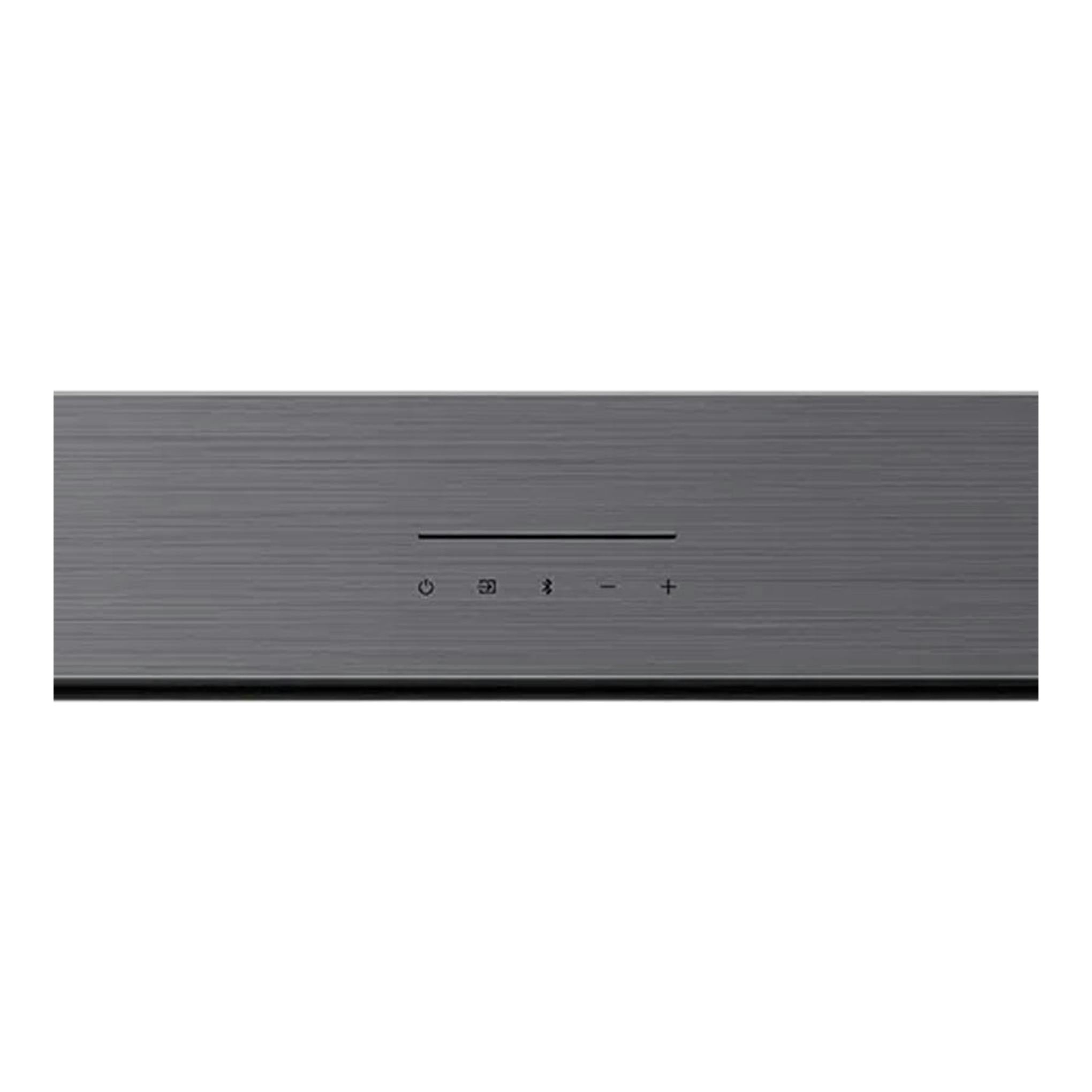 Barra de sonido TCL S45HE gris, vista frontal, con botones táctiles y rejilla central.