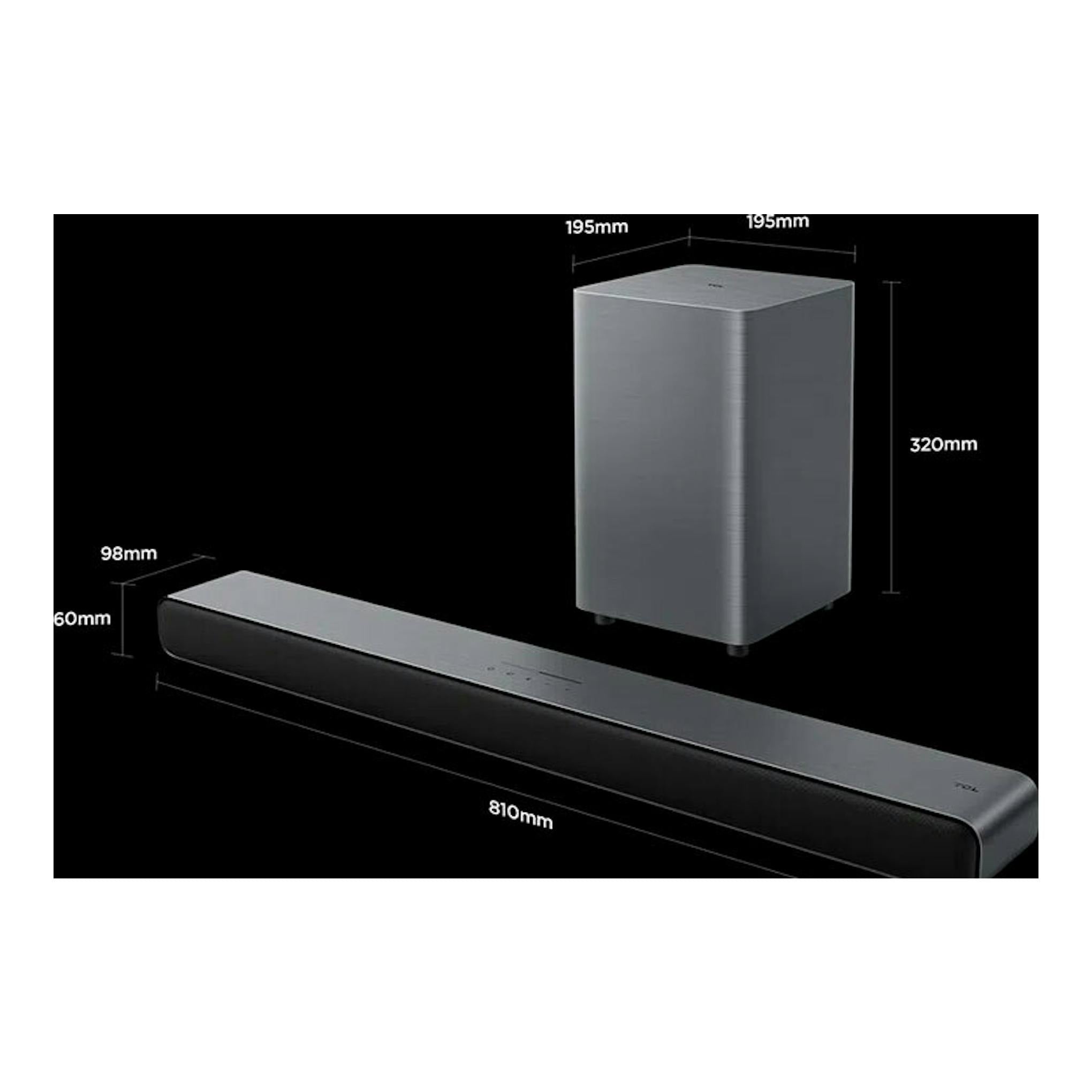 Barra de sonido TCL S55HE negra con subwoofer gris, vista en perspectiva sobre fondo negro.