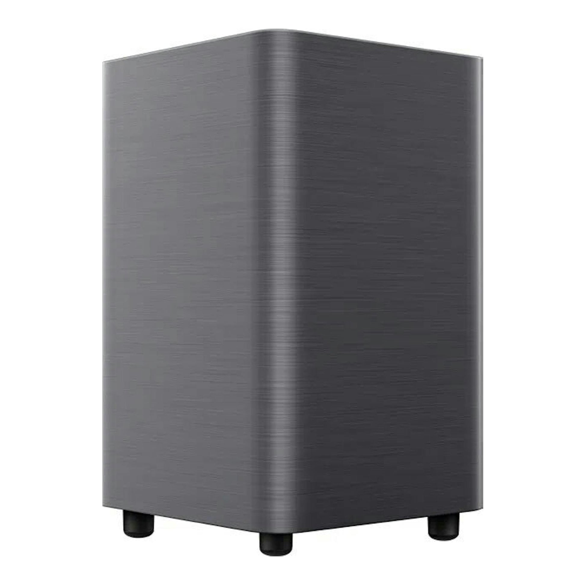 Subwoofer TCL S55HE negro, vista frontal en ángulo, con acabado texturizado y cuatro patas.