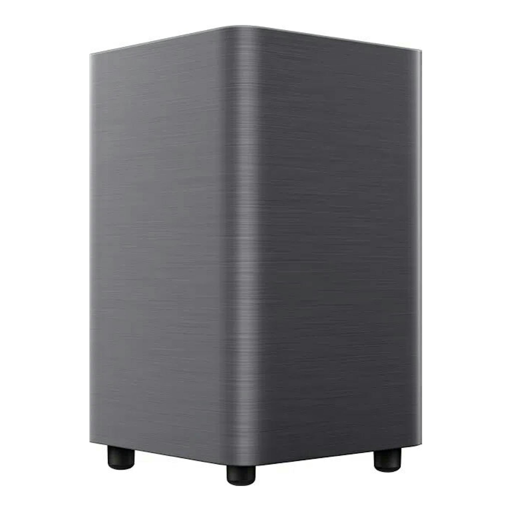 Subwoofer TCL S55HE negro, vista frontal en ángulo, con acabado texturizado y cuatro patas.