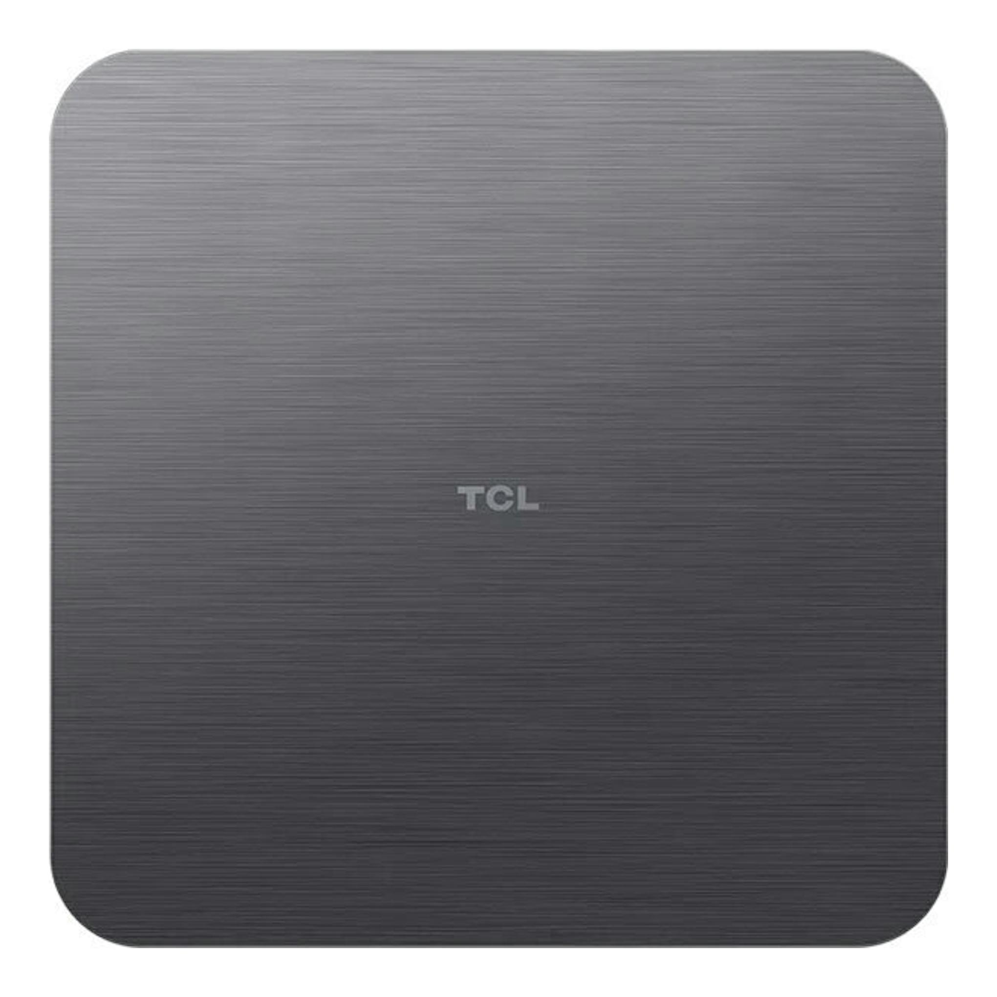 Barra de sonido TCL S55HE gris, vista frontal con diseño rectangular de esquinas redondeadas y logo TCL.