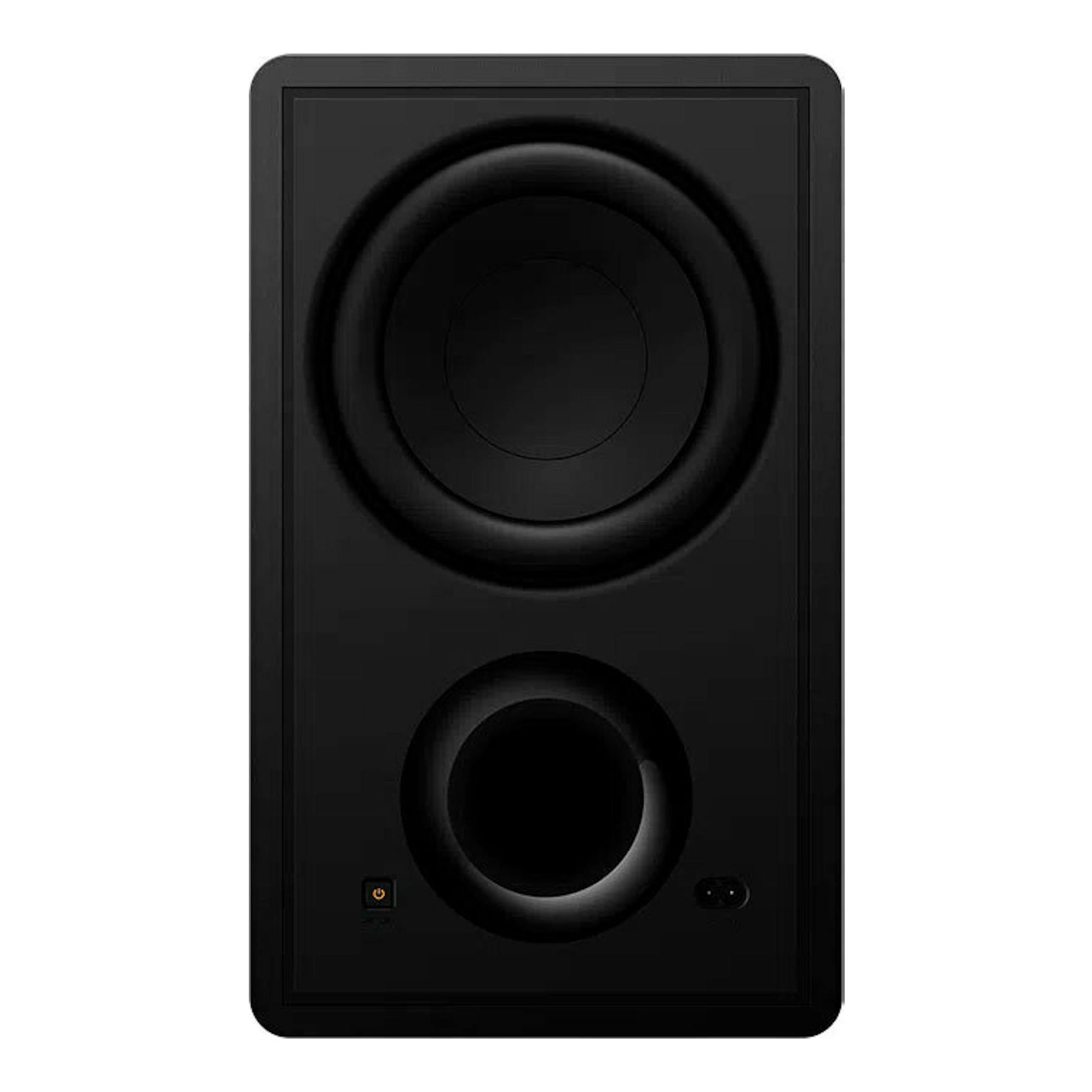 Subwoofer TCL S75HE negro, vista frontal con cono circular y puerto bass reflex.
