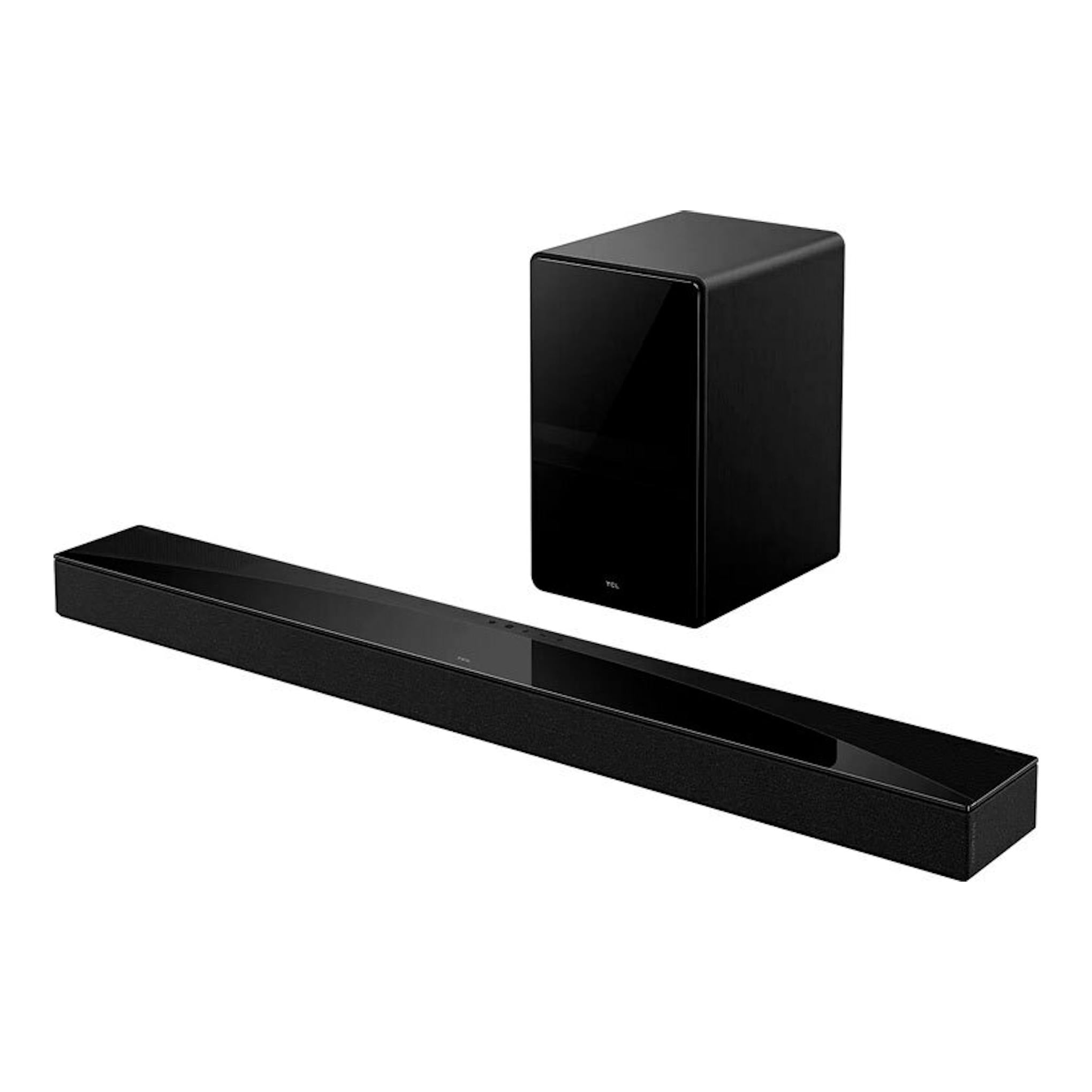 Barra de sonido TCL S75HE negra con subwoofer, vista frontal en ángulo sobre fondo blanco.