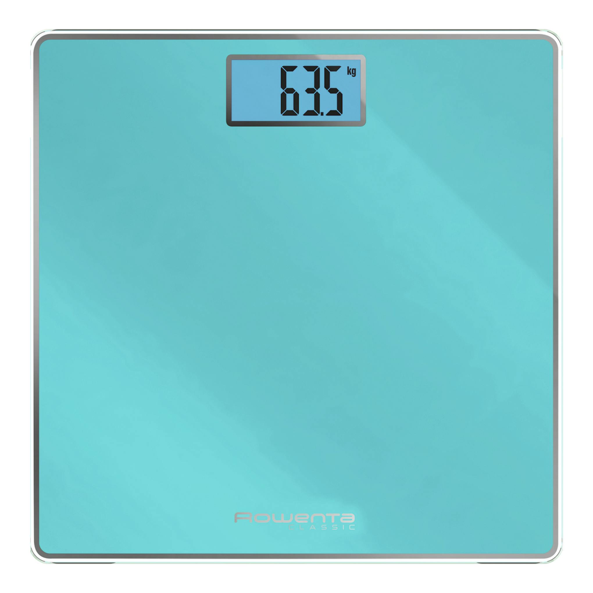 Báscula de baño digital Rowenta BS1500V0, vista frontal, color turquesa, con pantalla LCD superior.