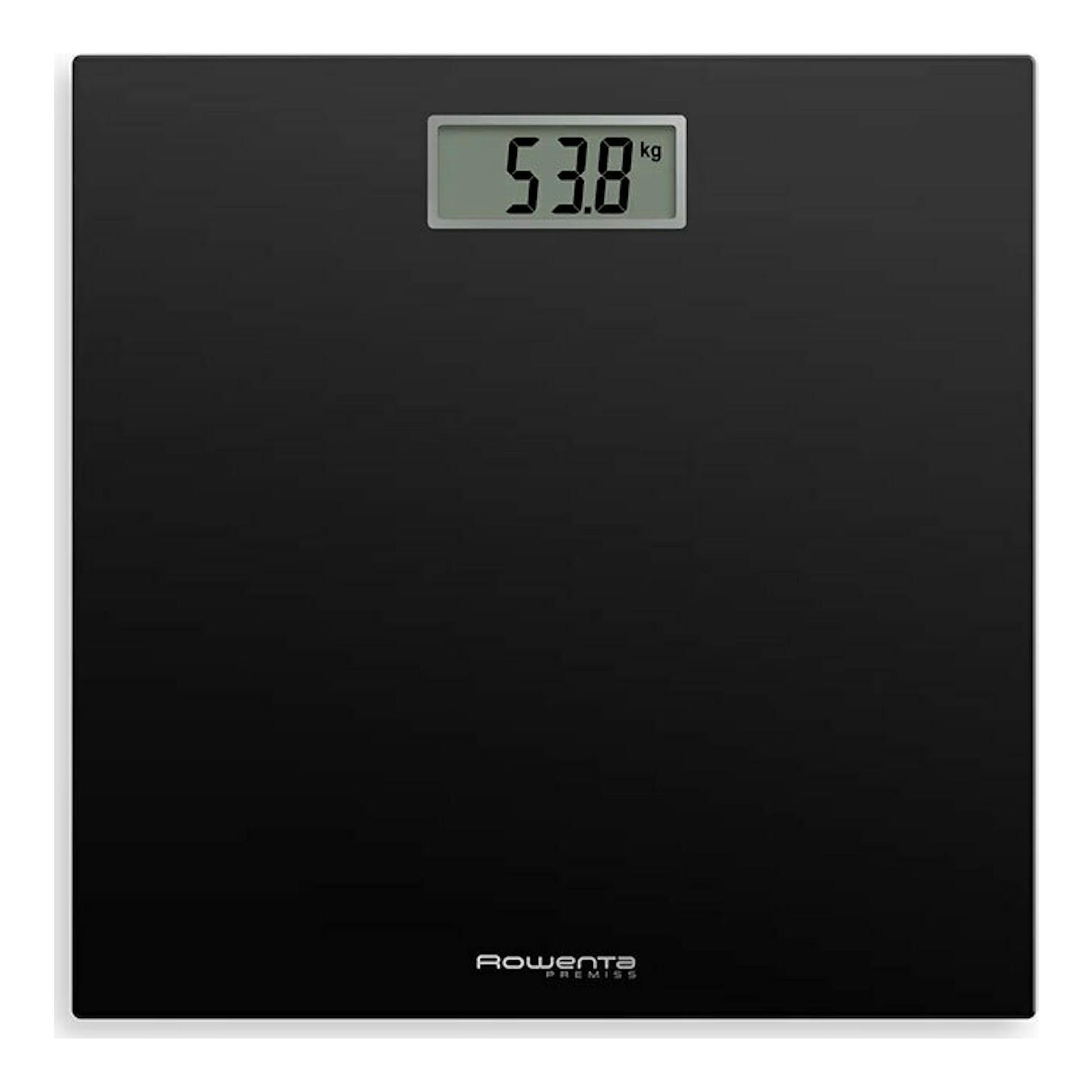 Báscula de baño Rowenta BS1400V0 negra, vista frontal, con pantalla digital mostrando 53,8 kg.