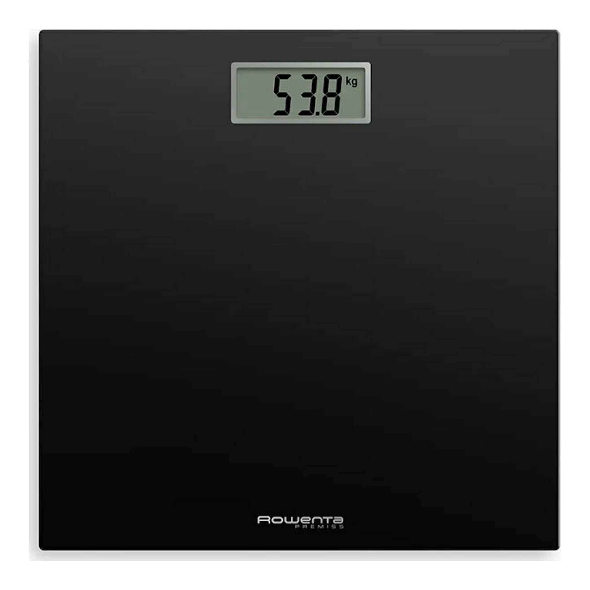 Báscula de baño Rowenta BS1400V0 negra, vista frontal, con pantalla digital mostrando 53,8 kg.