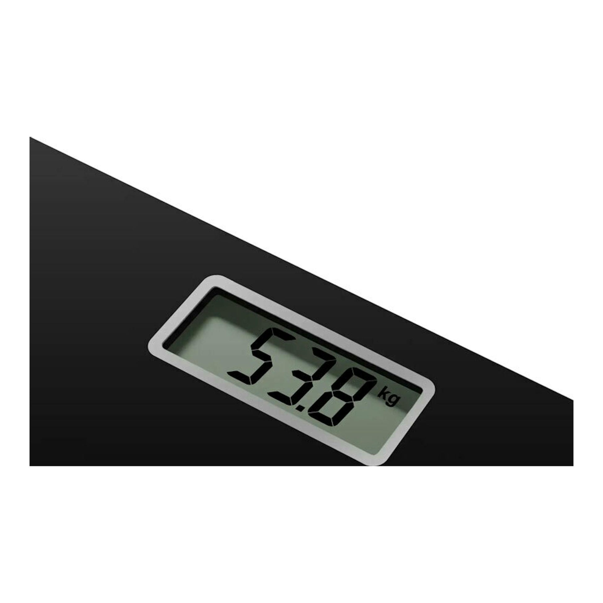 Báscula de baño digital negra Rowenta BS1400V0, vista inclinada, pantalla marca 53,8 kg.