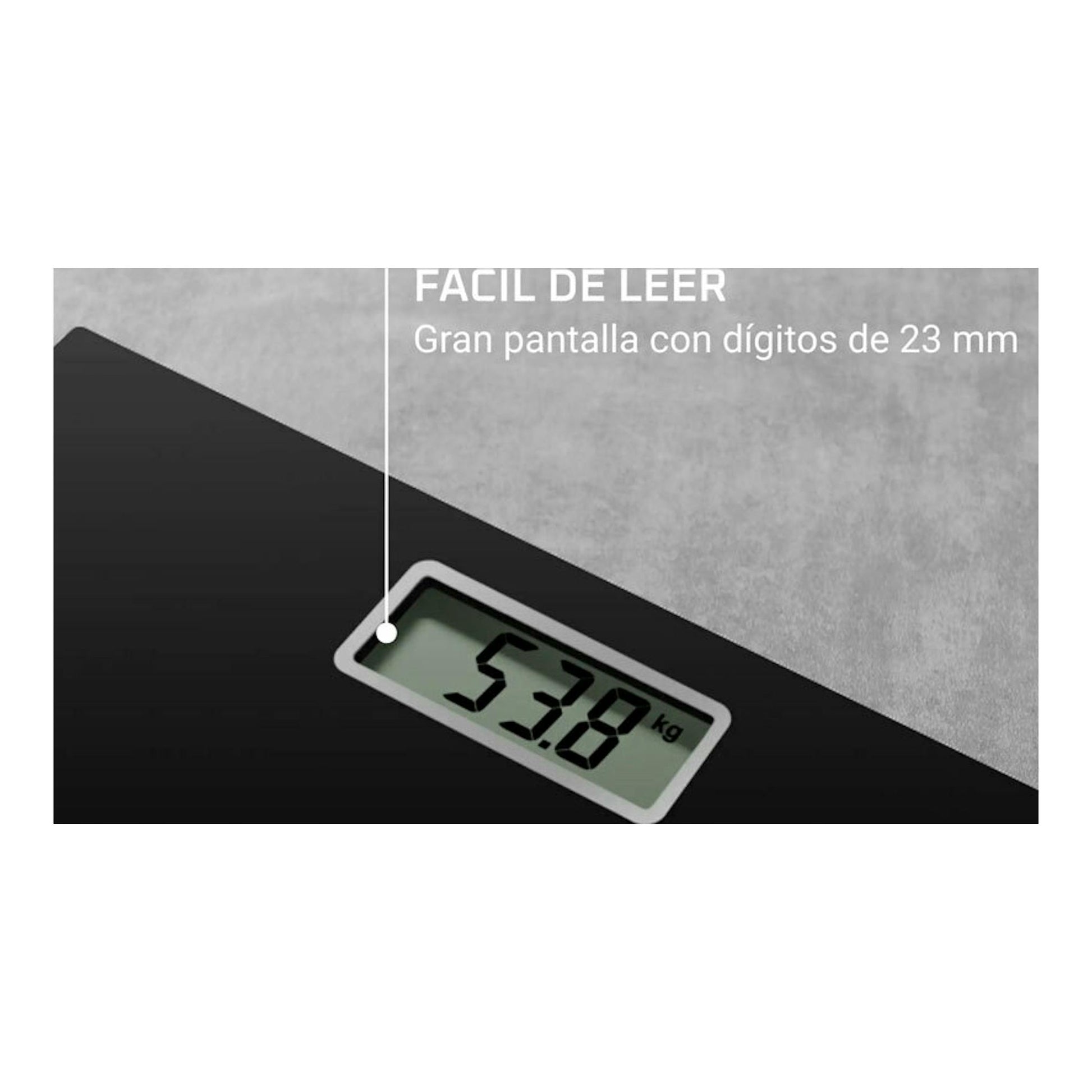 Báscula de baño Rowenta BS1400V0 negra, en ángulo, con pantalla digital que marca 53,8 kg.