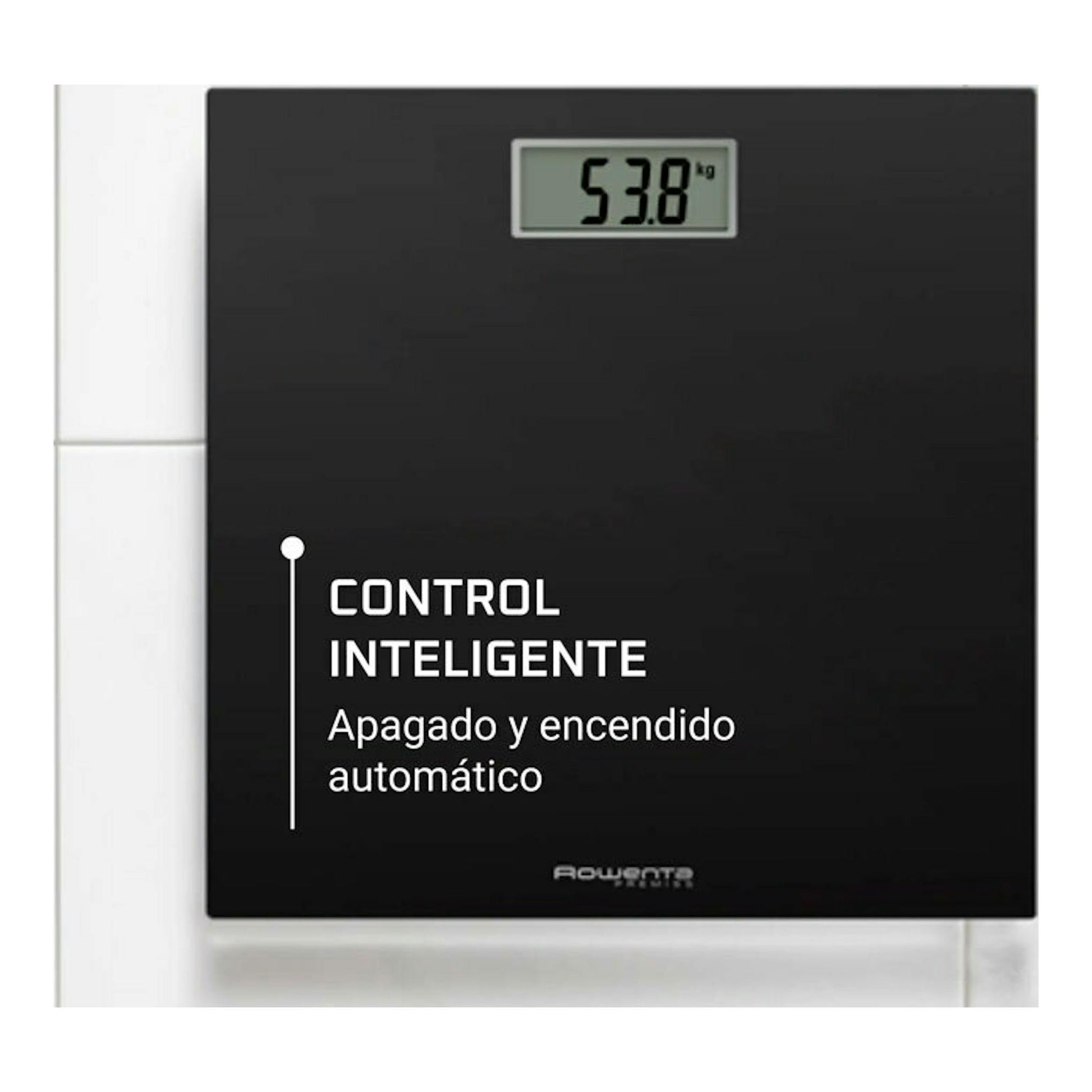 Báscula de baño Rowenta BS1400V0 negra, vista frontal, con pantalla digital marcando 53,8 kg.