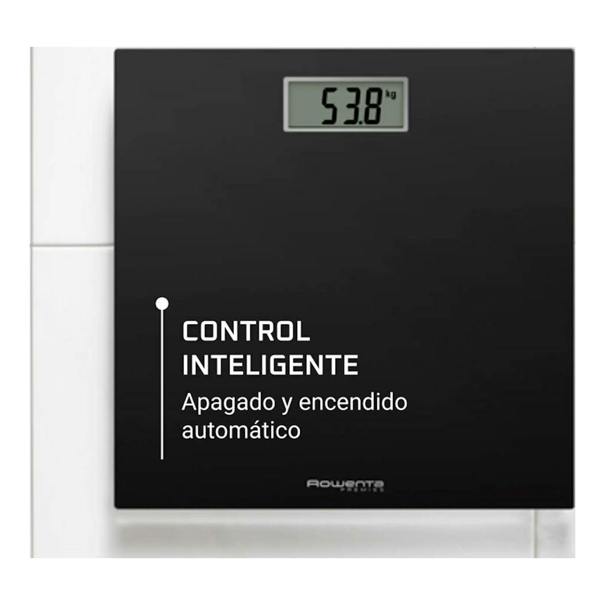 Báscula de baño Rowenta BS1400V0 negra, vista frontal, con pantalla digital marcando 53,8 kg.