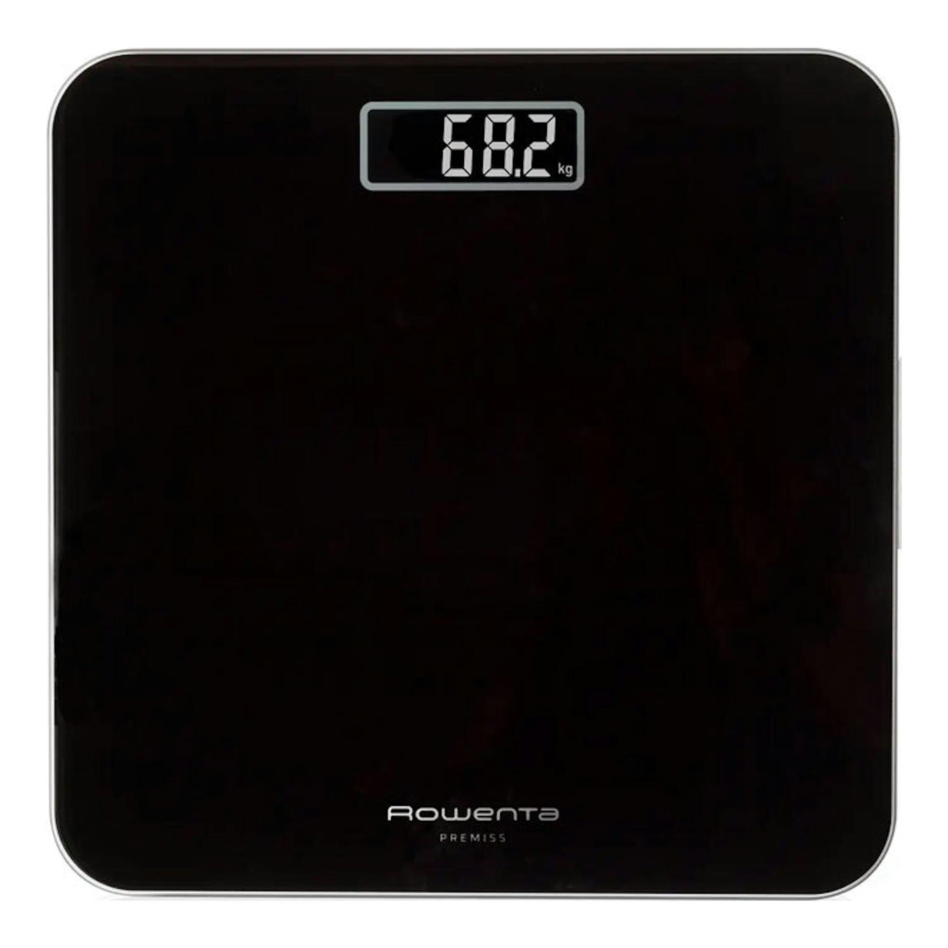 Báscula de baño digital Rowenta BS1800V0, vista frontal, superficie negra con pantalla LCD superior.