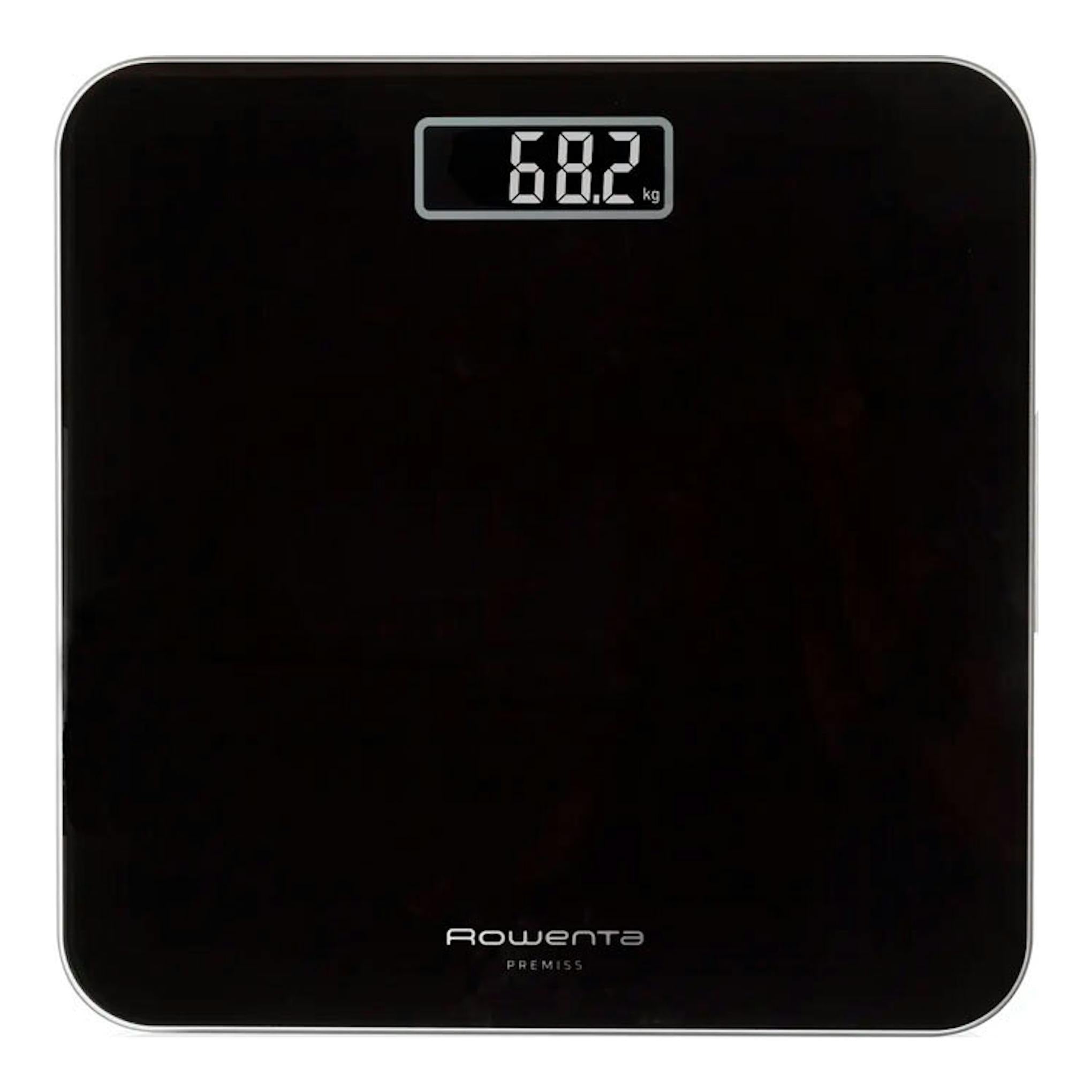 Báscula de baño digital Rowenta BS1800V0, vista frontal, superficie negra con pantalla LCD superior.