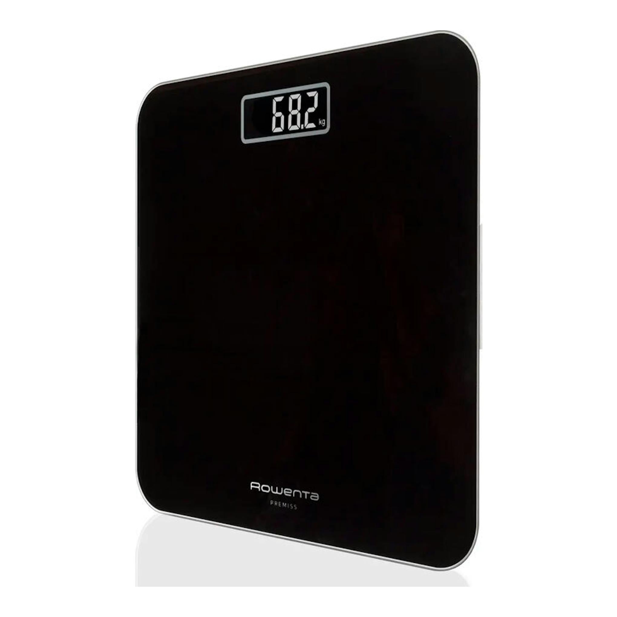 Báscula de baño digital Rowenta BS1800V0 negra, vista frontal, con pantalla LCD y peso 68,2 kg.