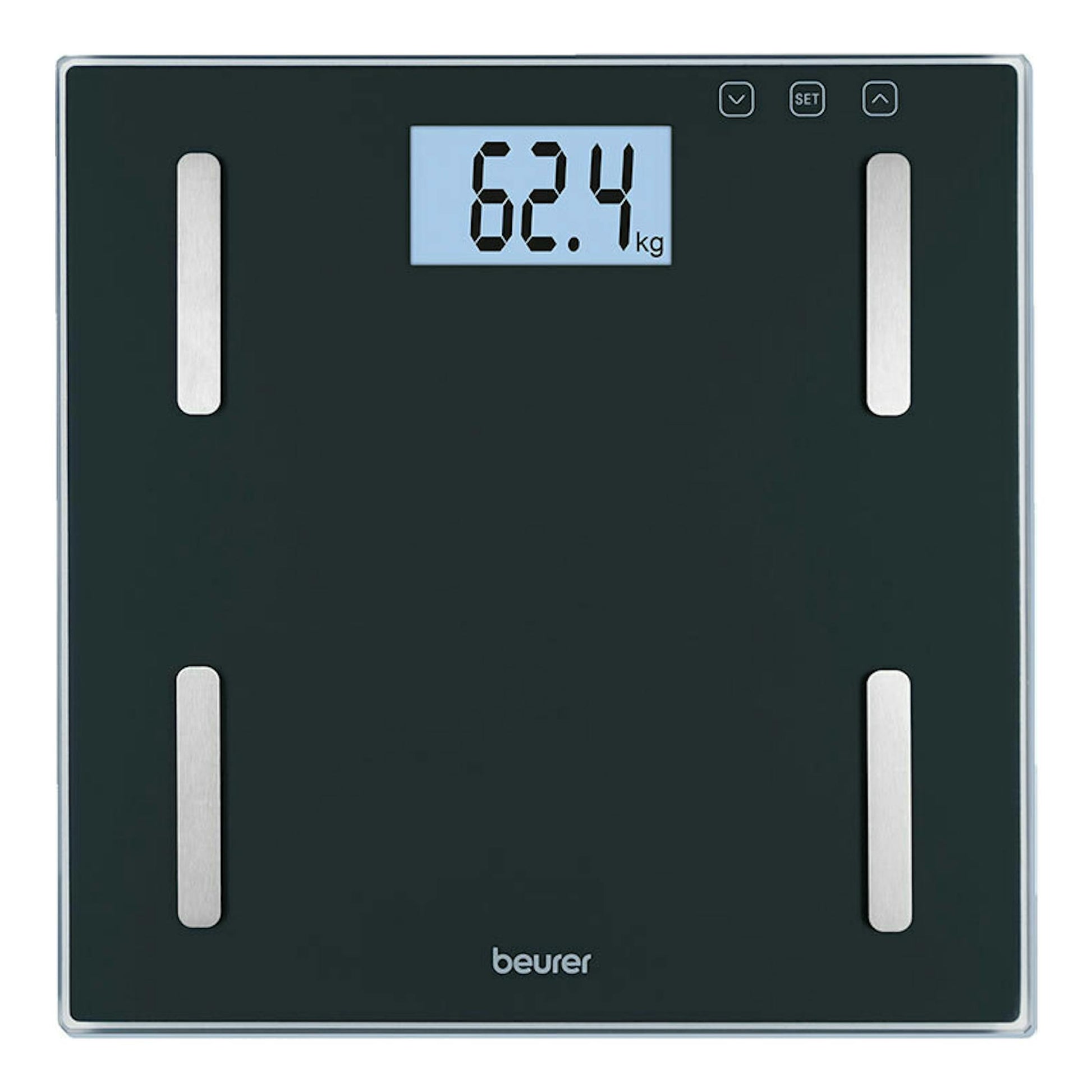 Báscula digital Beurer BF-180 negra, vista frontal, con pantalla LCD mostrando 62,4 kg.