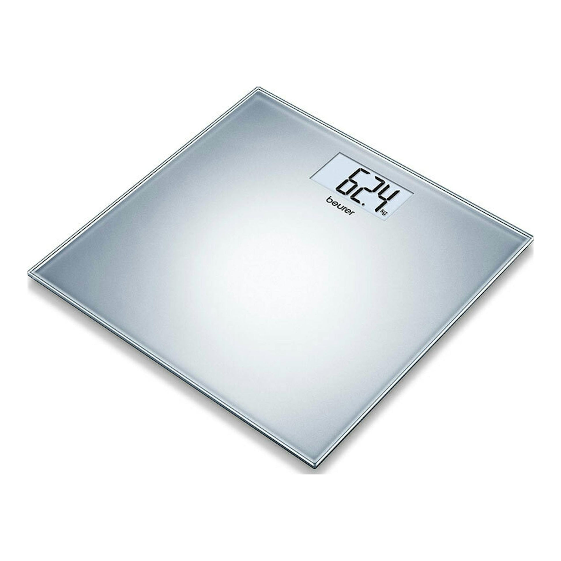 Báscula digital Beurer GS-202 plateada, vista en ángulo superior, con pantalla mostrando 62,4 kg.