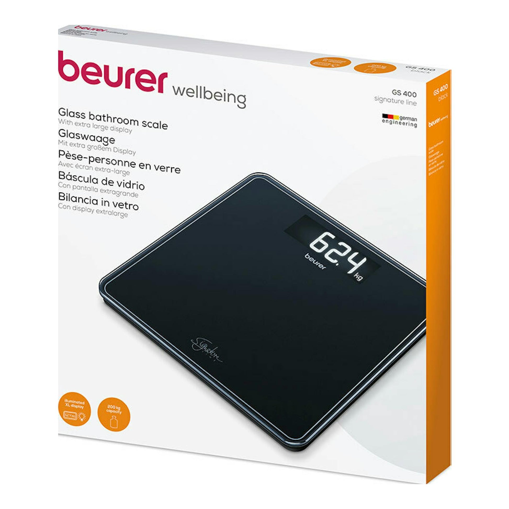 Caja de la báscula de vidrio Beurer GS 400 negra, con pantalla digital, vista frontal inclinada.