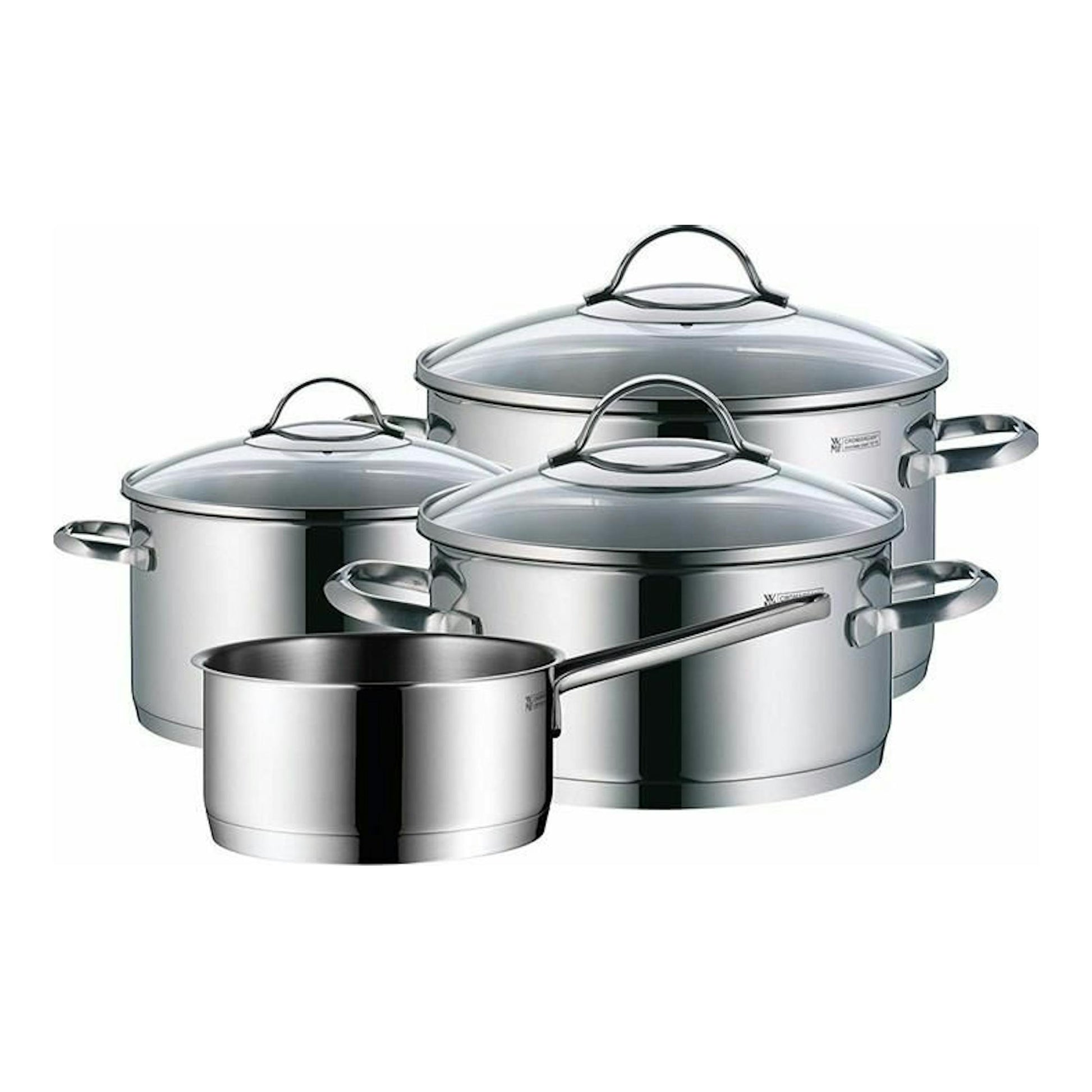 Batería de cocina WMF Provence Plus de 4 piezas, acero inoxidable, con tapas de vidrio, vista frontal.