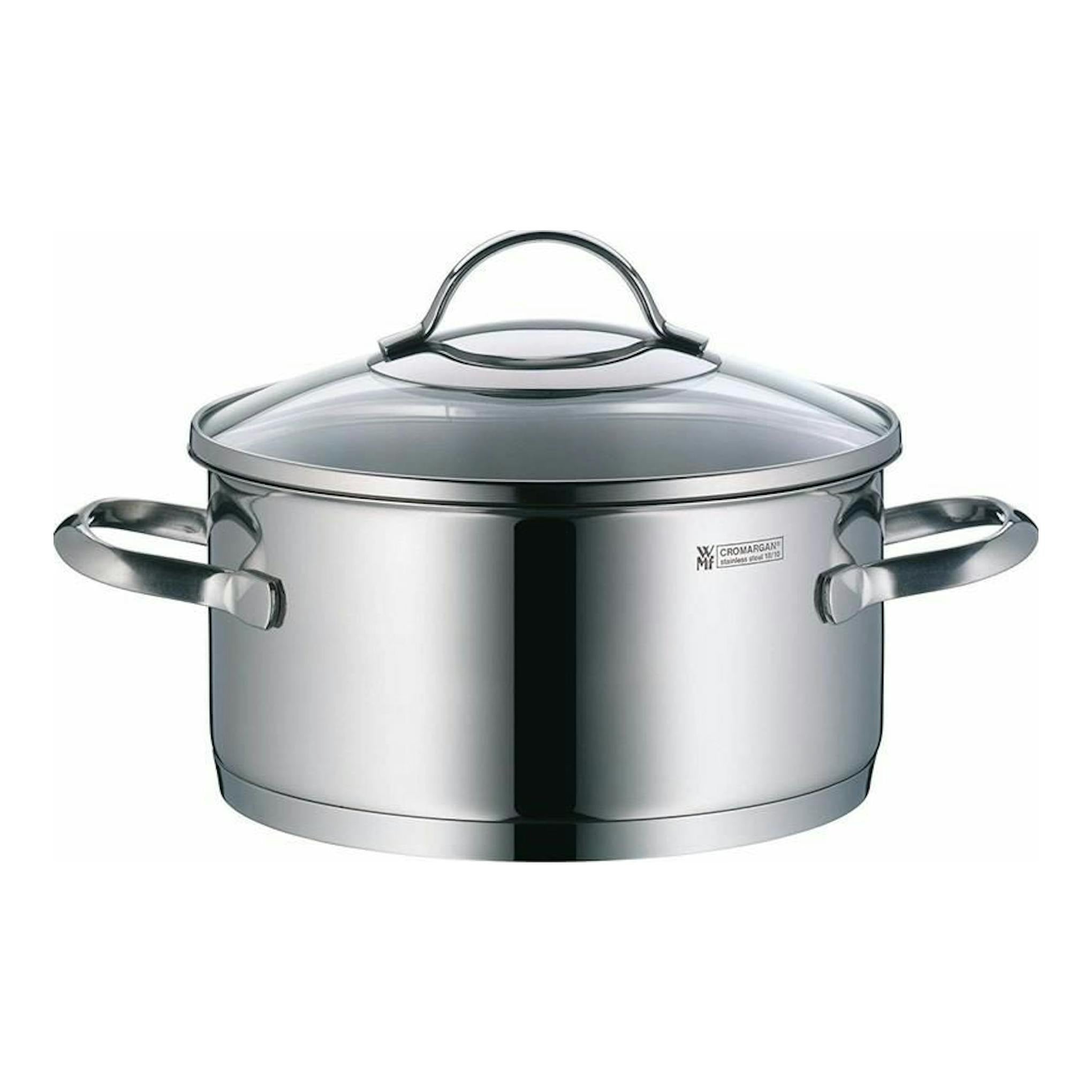 WMF Provence Plus: olla de acero inoxidable con tapa de vidrio, vista frontal.