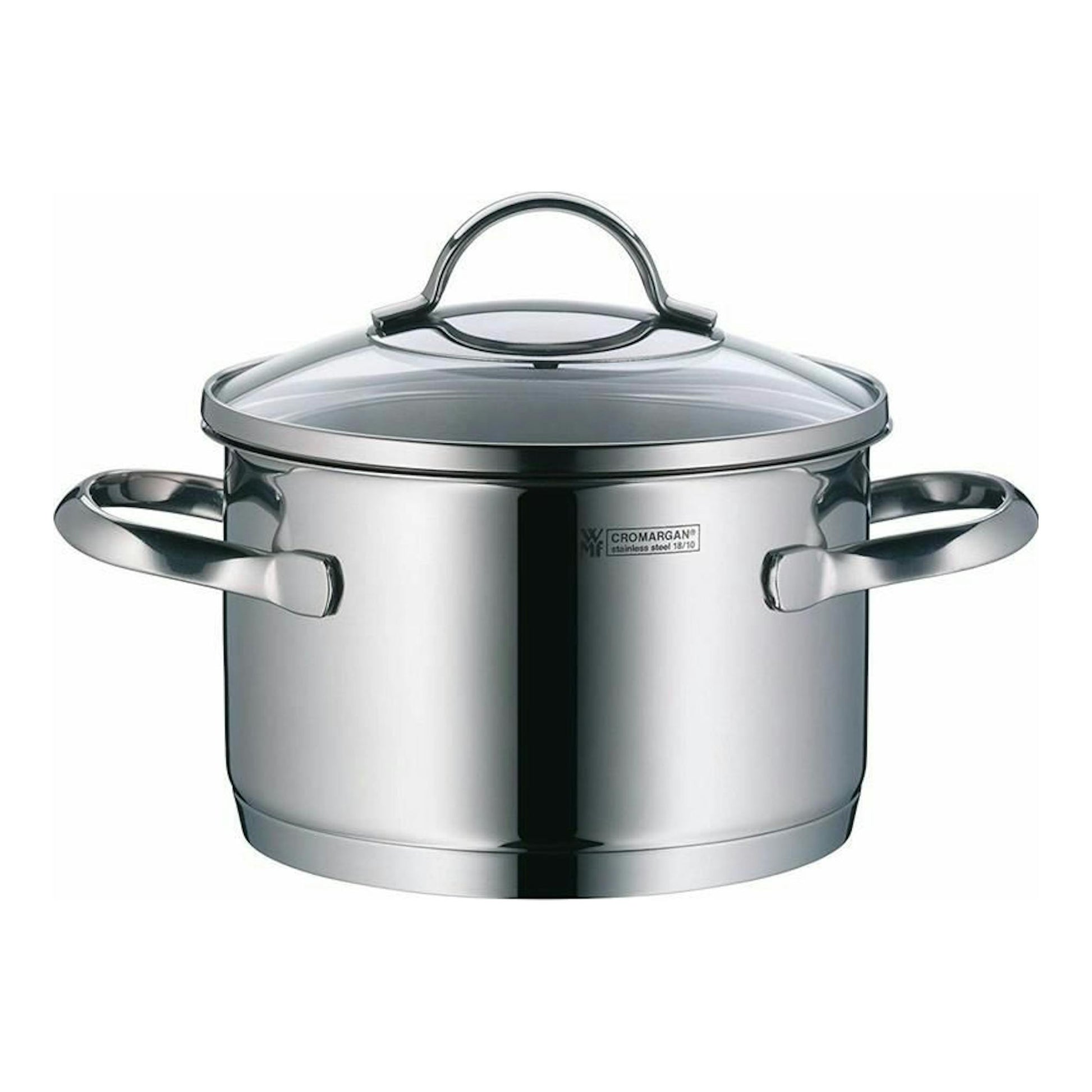 Olla WMF Provence Plus de acero inoxidable con tapa de vidrio, vista frontal, con dos asas.
