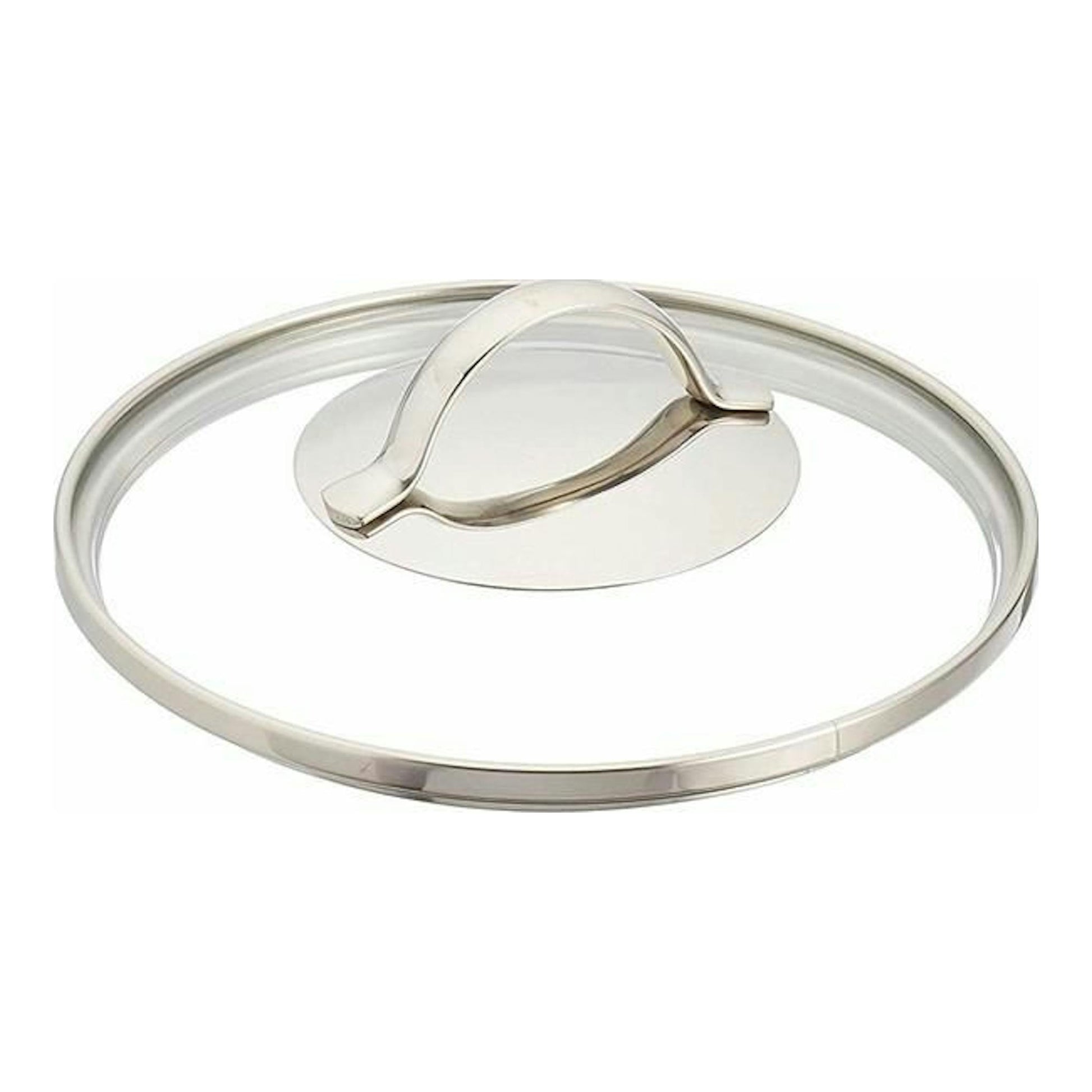 Tapa de cristal WMF Provence Plus, vista superior, con aro y asa de acero inoxidable sobre fondo blanco.