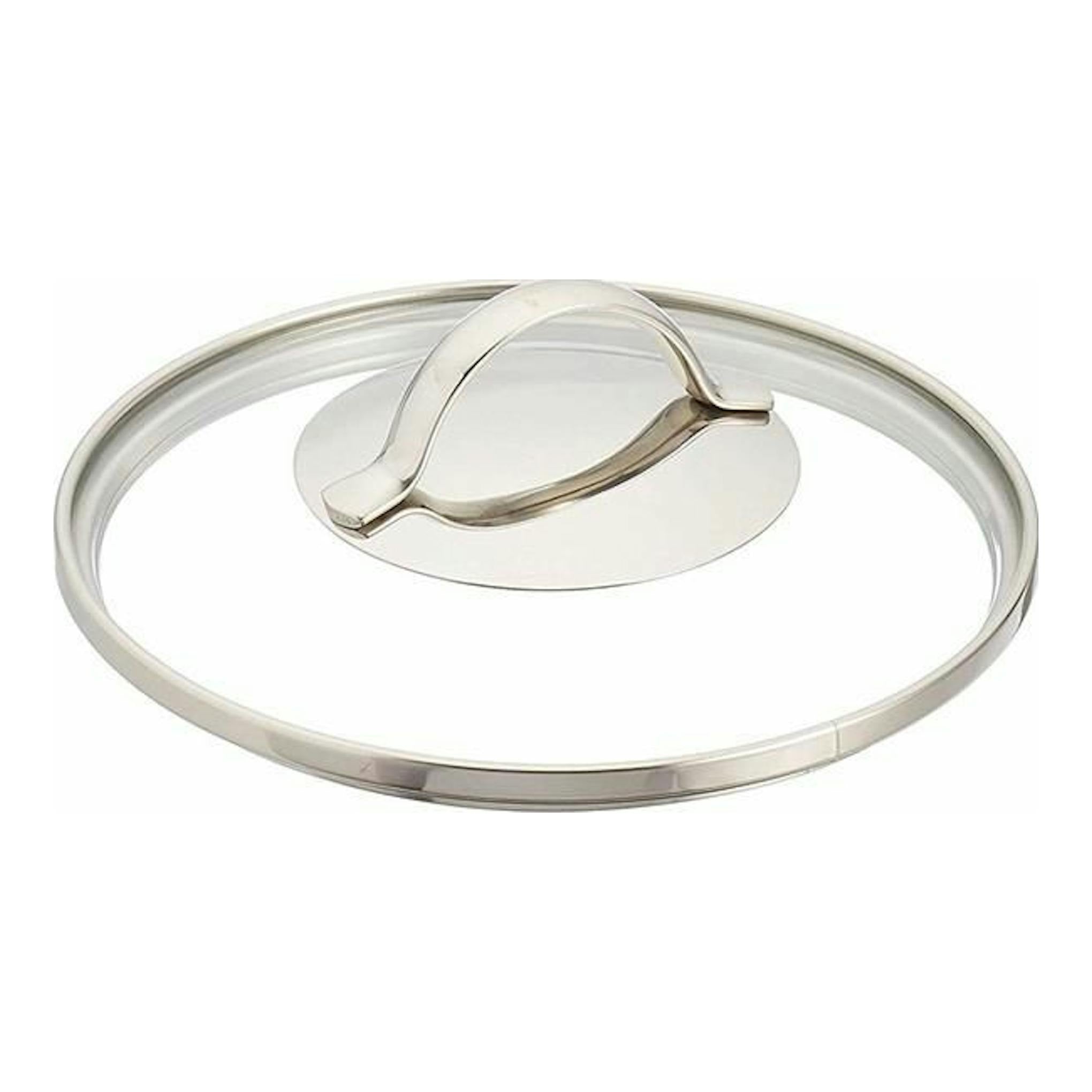 Tapa de cristal WMF Provence Plus, vista superior, con aro y asa de acero inoxidable sobre fondo blanco.