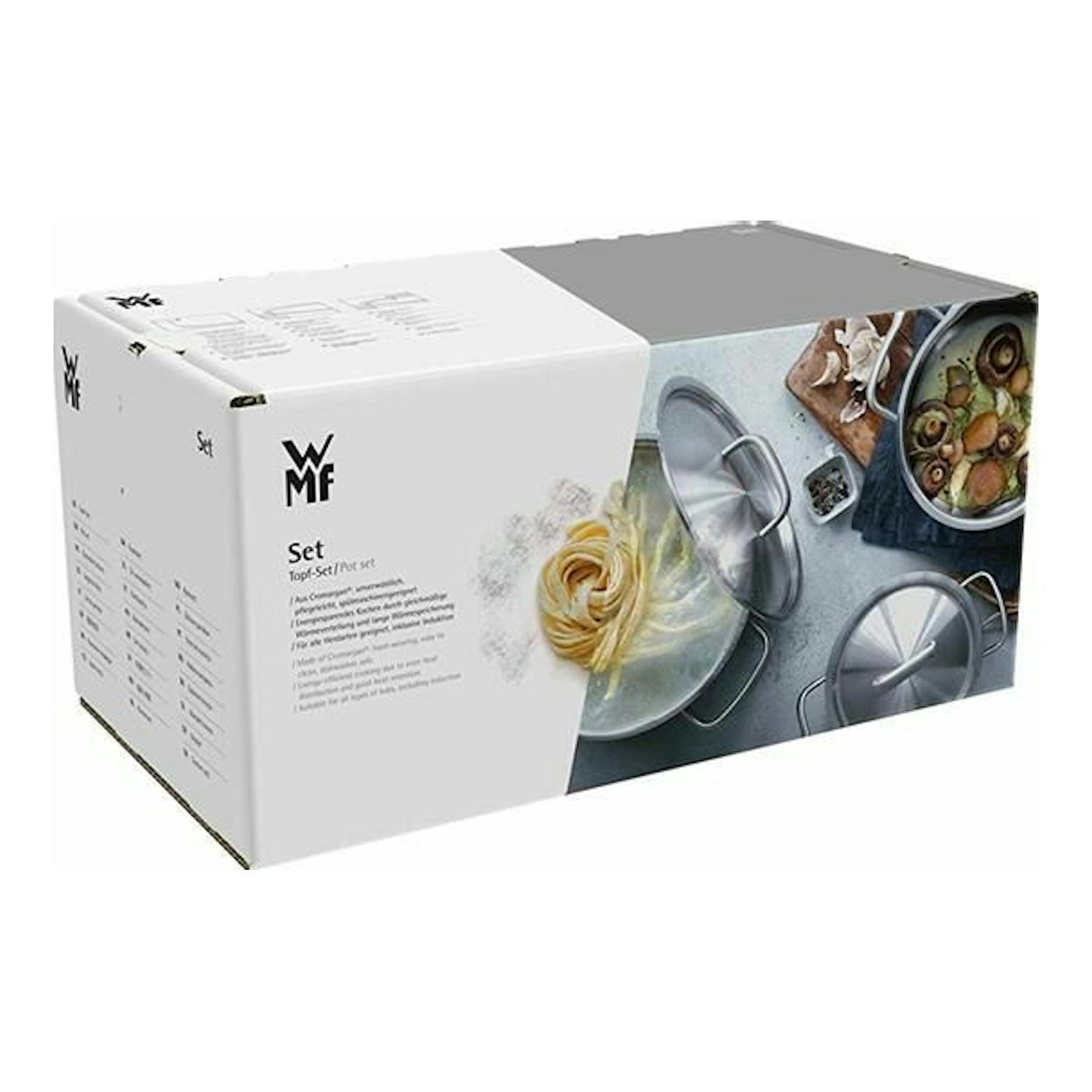 Caja de batería de cocina WMF Provence Plus 4 piezas, vista en ángulo, caja blanca con foto de ollas.