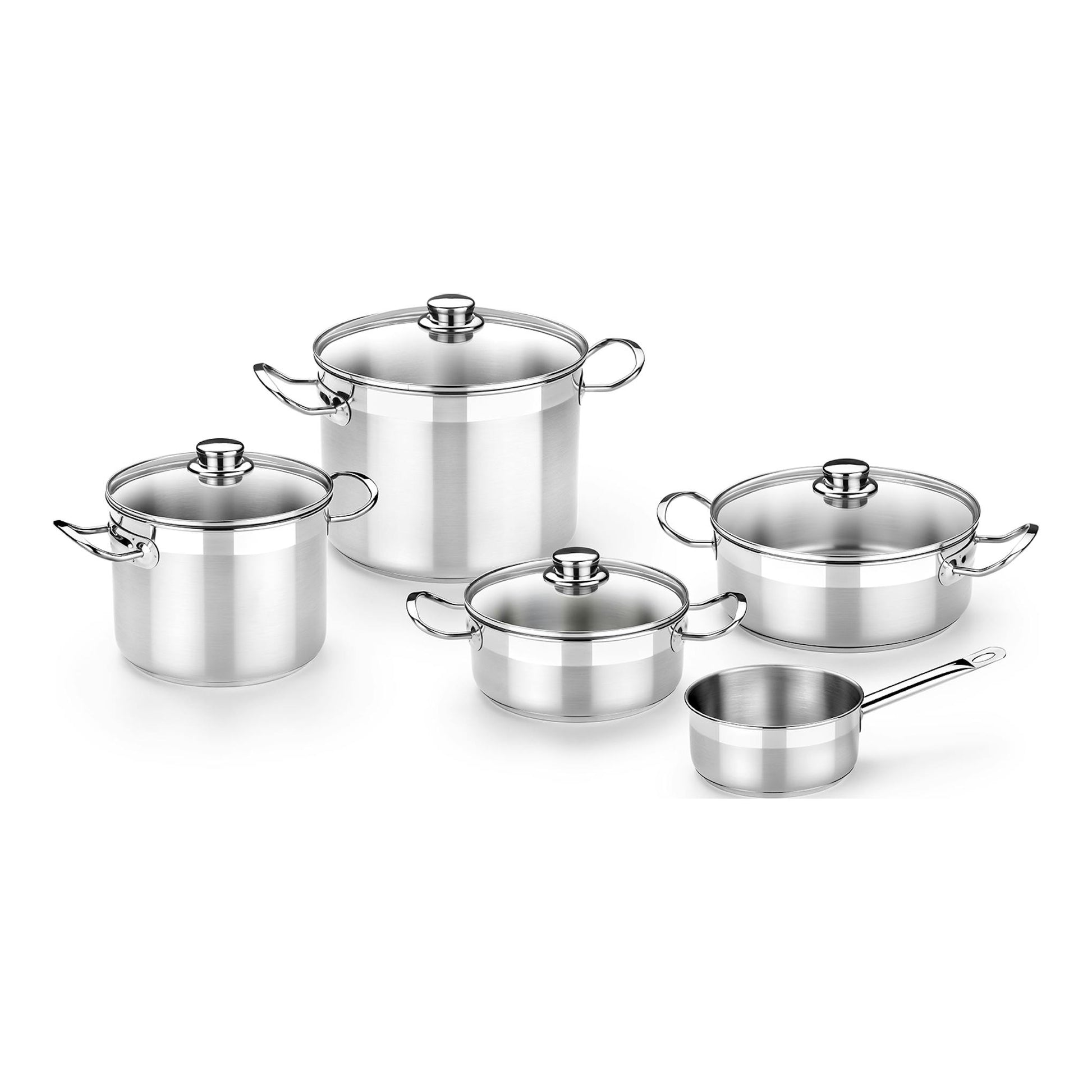 Batería de cocina Bra Profesional de acero inoxidable, 5 piezas, con tapas de cristal, vista frontal.