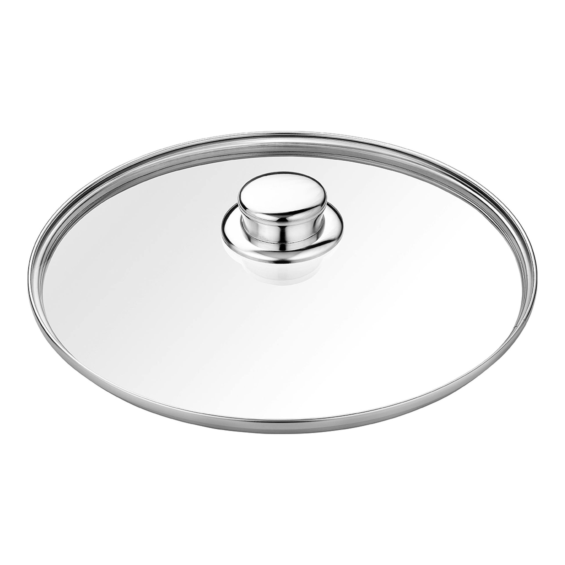 Tapa de cristal Bra Profesional, vista superior, con aro de acero inoxidable y pomo metálico.