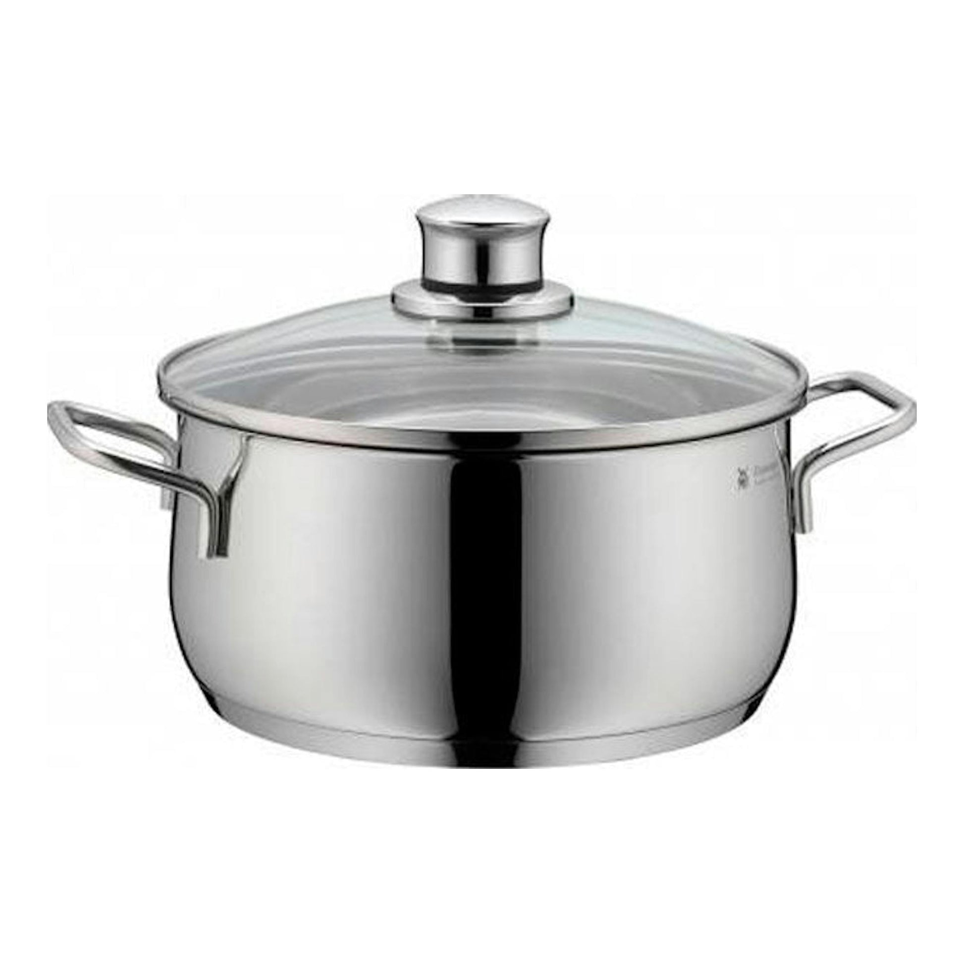 Olla WMF Diadem Plus de acero inoxidable con tapa de vidrio, vista frontal.