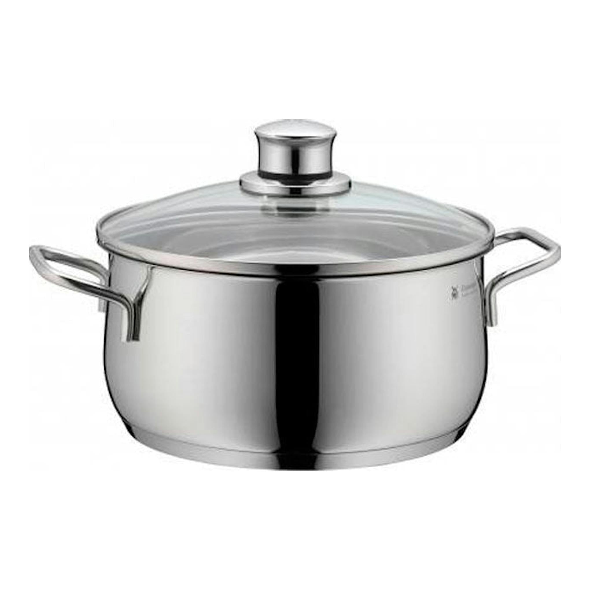 Olla WMF Diadem Plus de acero inoxidable con tapa de vidrio, vista frontal.