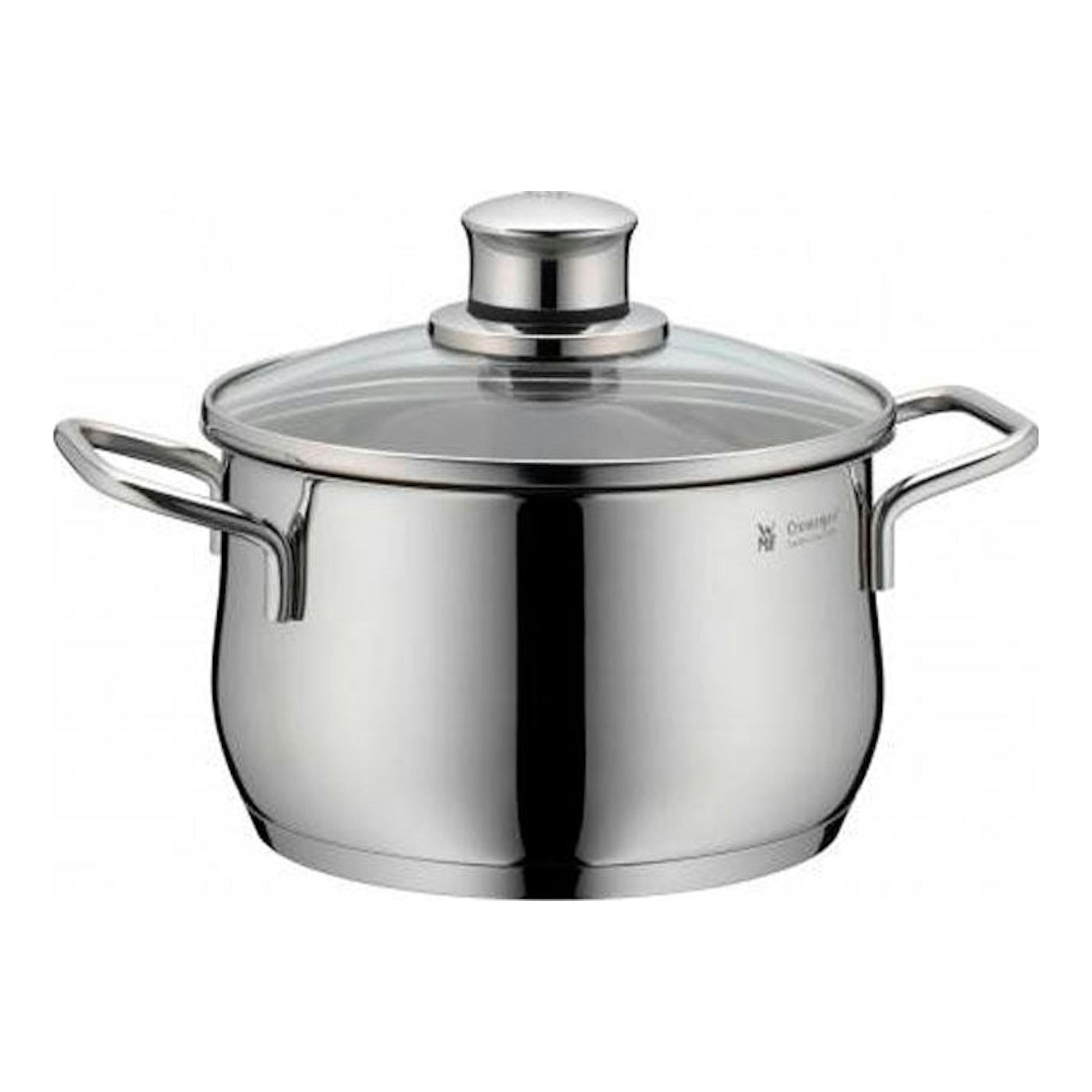 WMF Diadem Plus: olla de acero inoxidable con tapa de vidrio, vista frontal.
