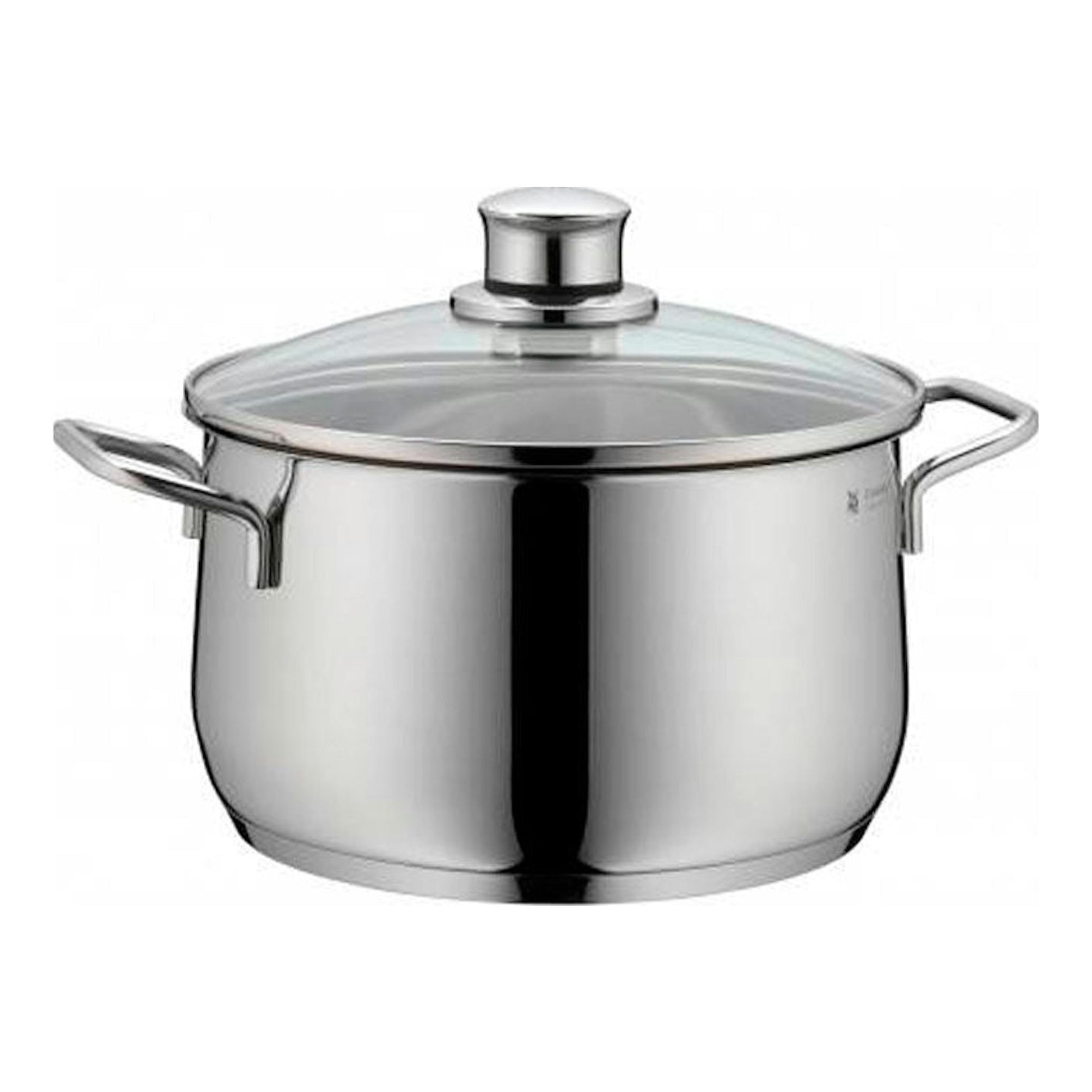 Olla WMF Diadem Plus de acero inoxidable, con tapa de vidrio y asas laterales, vista frontal.