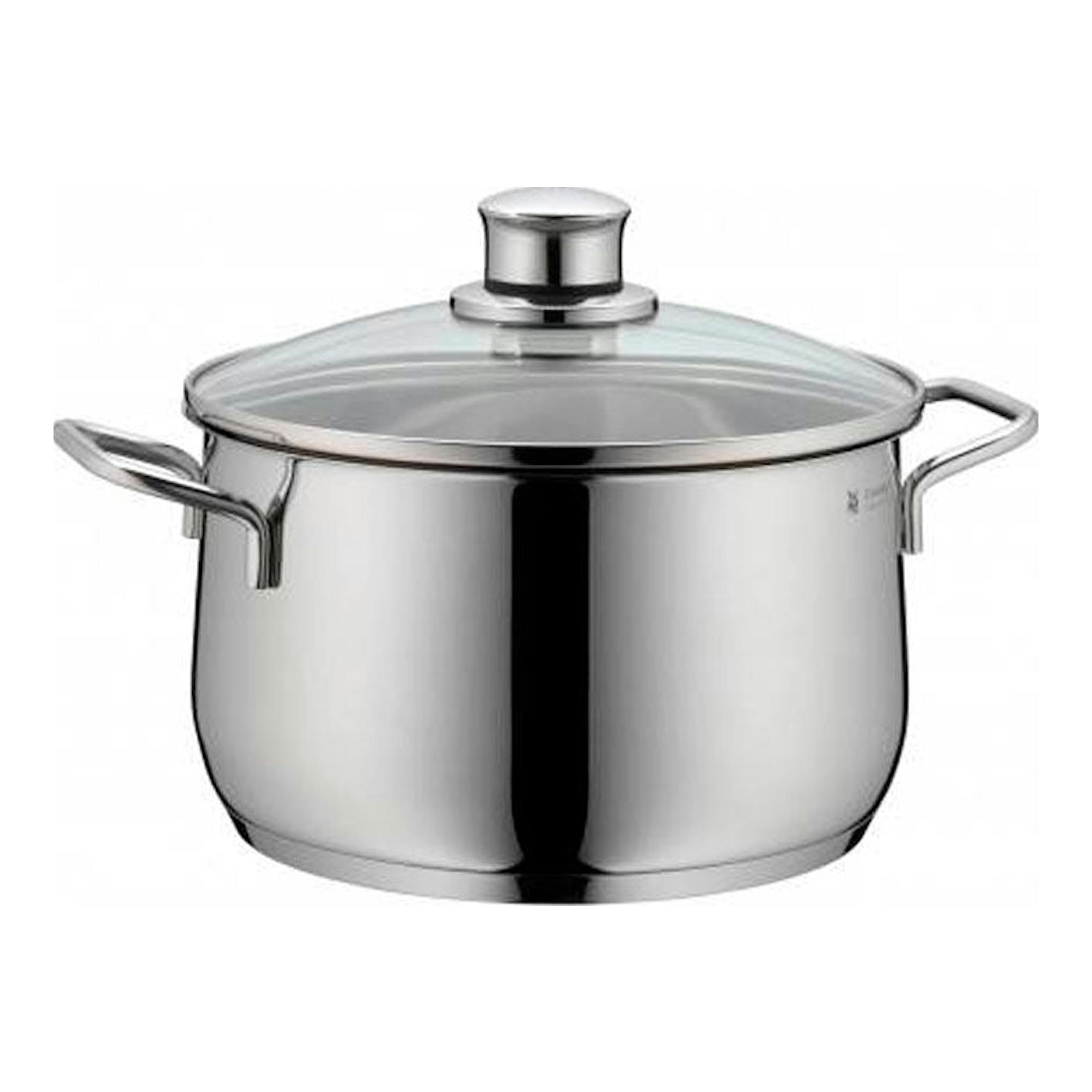 Olla WMF Diadem Plus de acero inoxidable, con tapa de vidrio y asas laterales, vista frontal.
