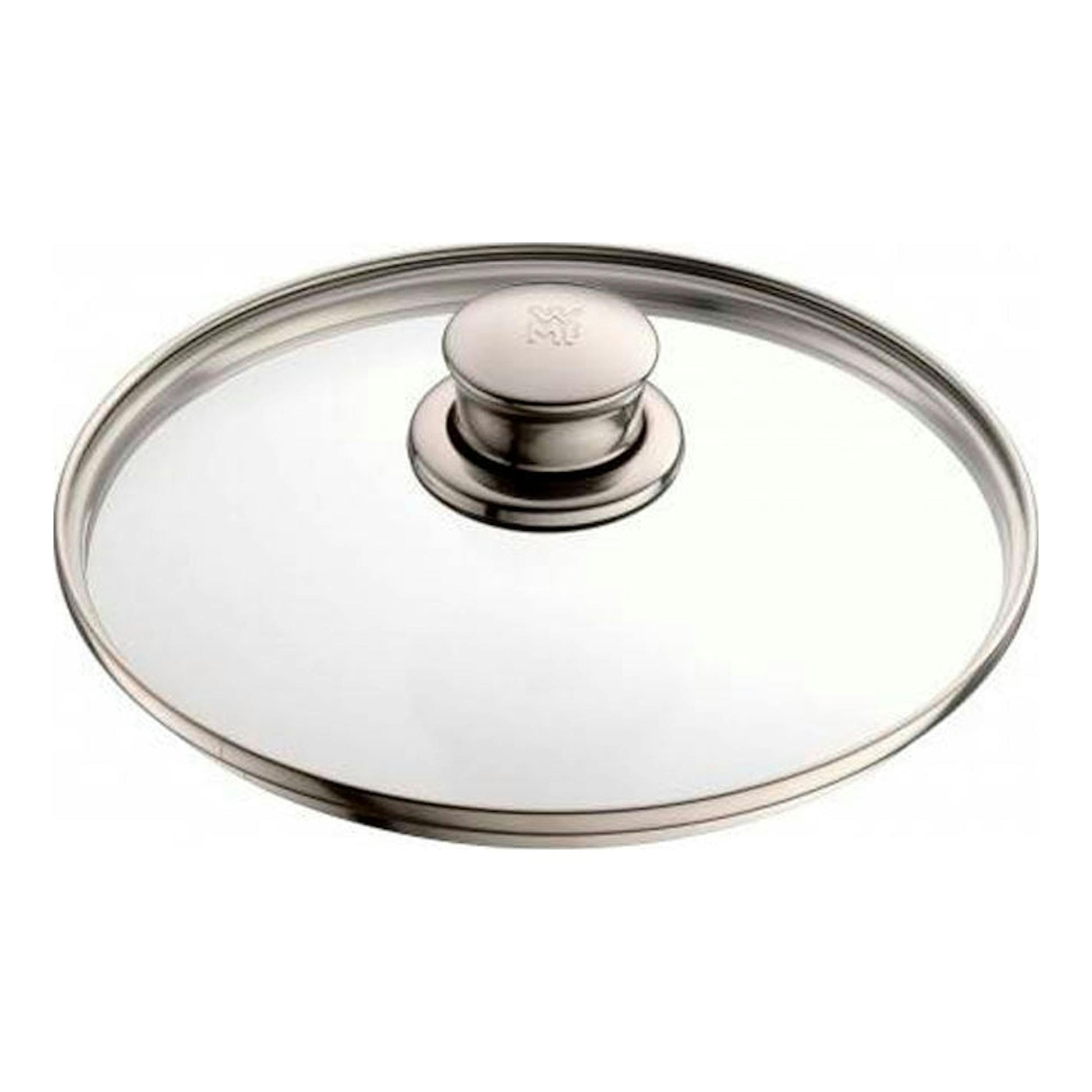 Tapa de vidrio WMF Diadem Plus, vista superior, con borde y pomo de acero inoxidable.
