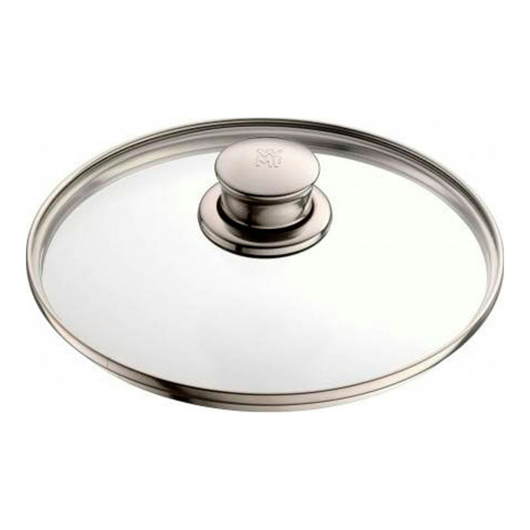 Tapa de vidrio WMF Diadem Plus, vista superior, con borde y pomo de acero inoxidable.