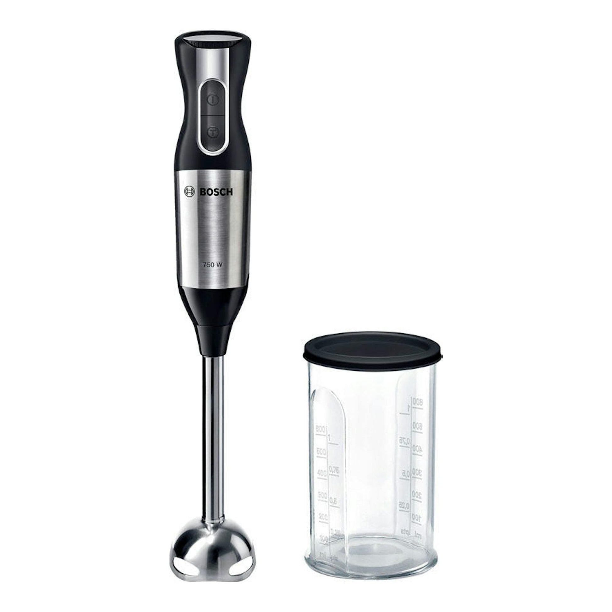 Batidora de mano Bosch MSM6S10B negra y acero inoxidable, vista frontal, con vaso medidor transparente.