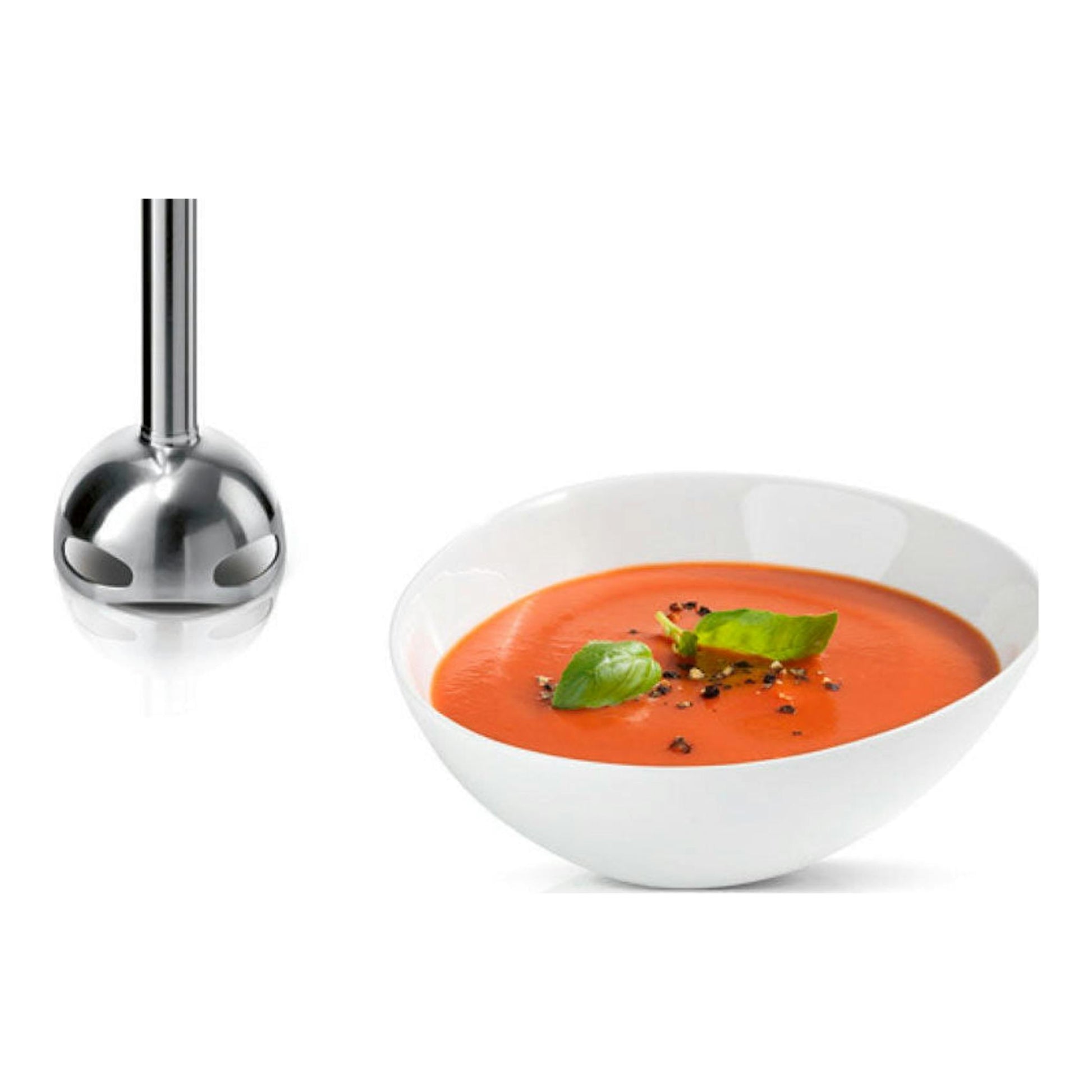 Batidora de mano Bosch MSM6S10B, vista frontal del pie metálico junto a un bol blanco con crema de tomate.