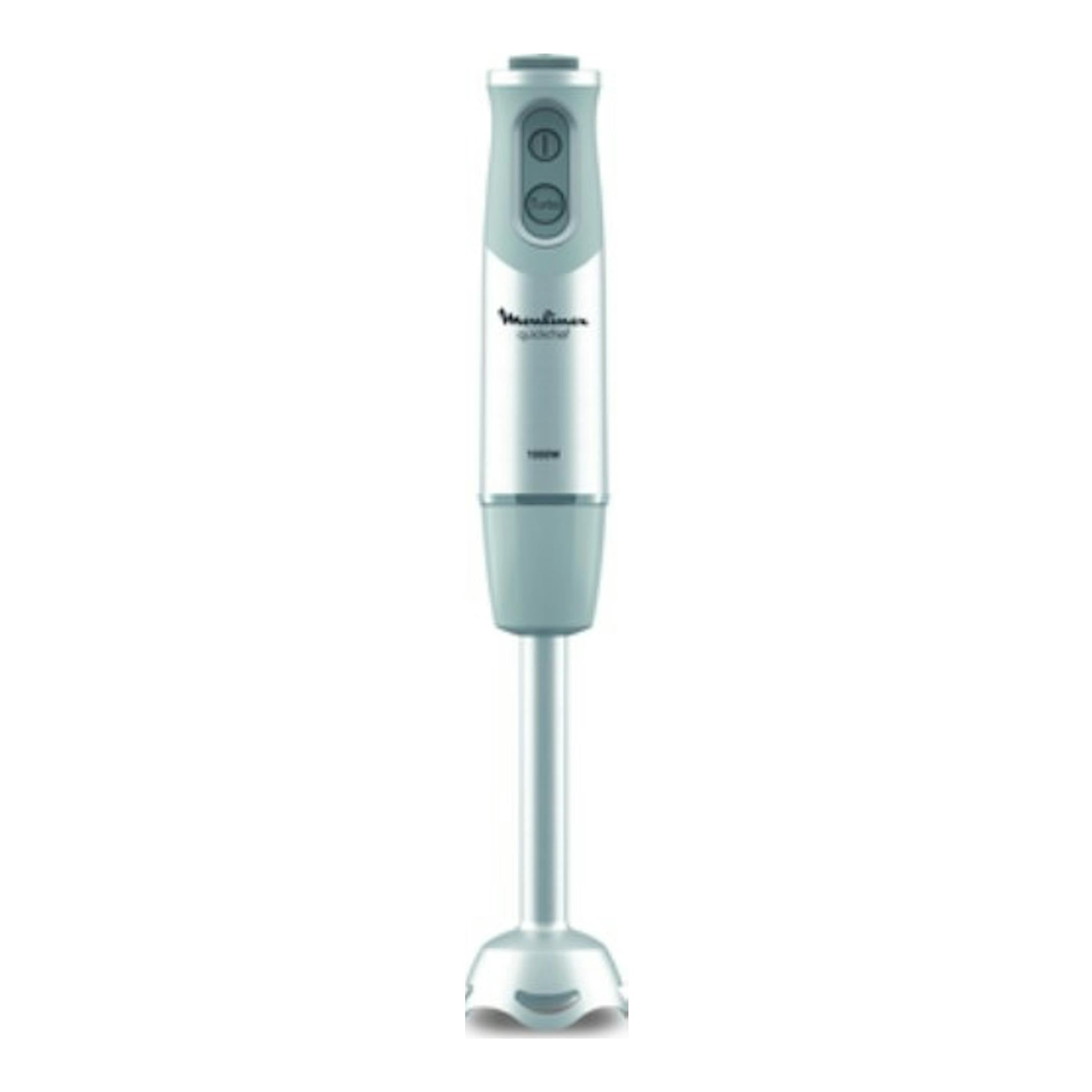 Batidora de mano Moulinex Quickchef DD65AD10, vista frontal, blanca y verde menta, con pie metálico.