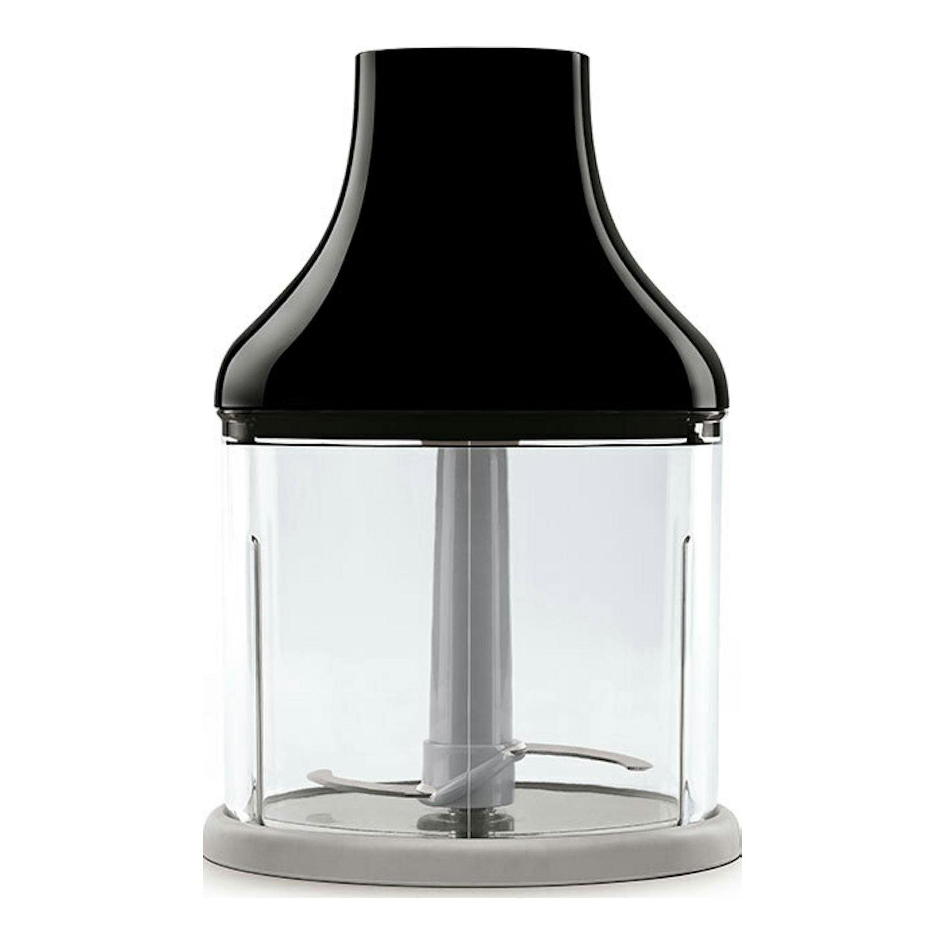 Batidora de mano Smeg HBF03BLEU negra, vista frontal, con vaso transparente y base gris.