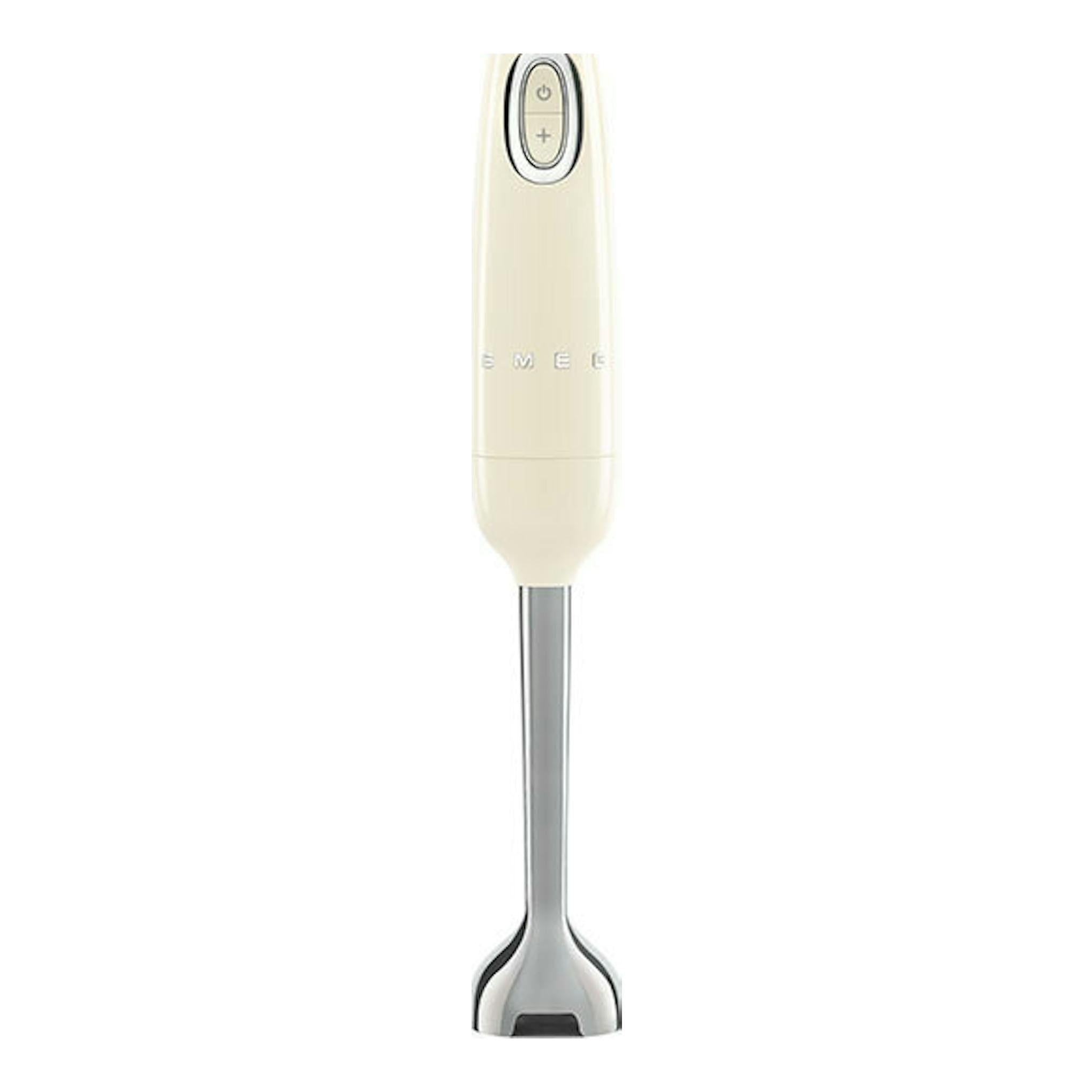 Batidora de mano Smeg HBF03CREU crema, vista frontal, con cuerpo beige y pie metálico.