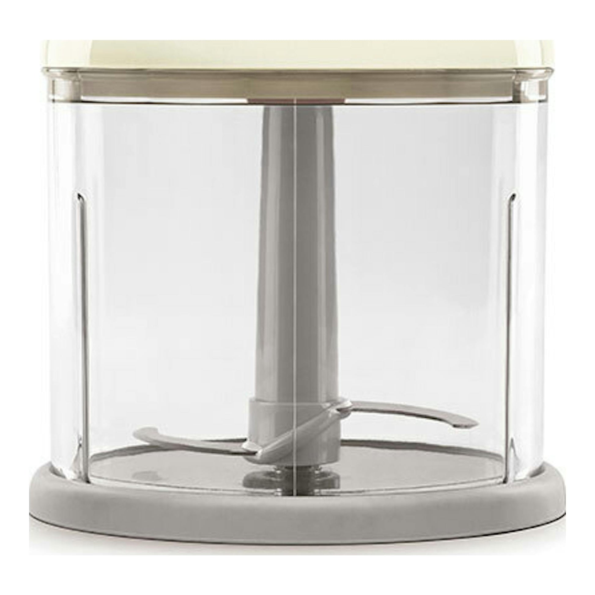 Batidora de mano Smeg HBF03CREU crema, vista frontal, con accesorio picador transparente.