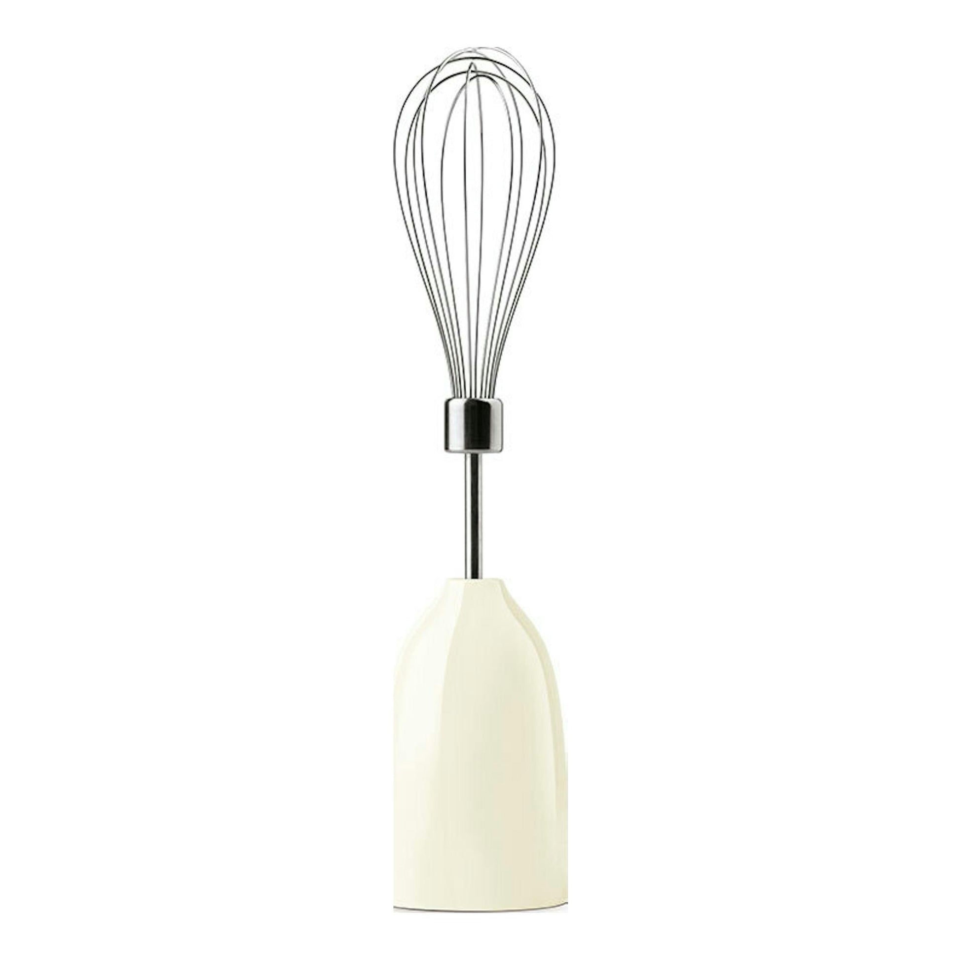 Batidora de mano Smeg HBF03CREU crema, vista frontal, con varilla batidora metálica.