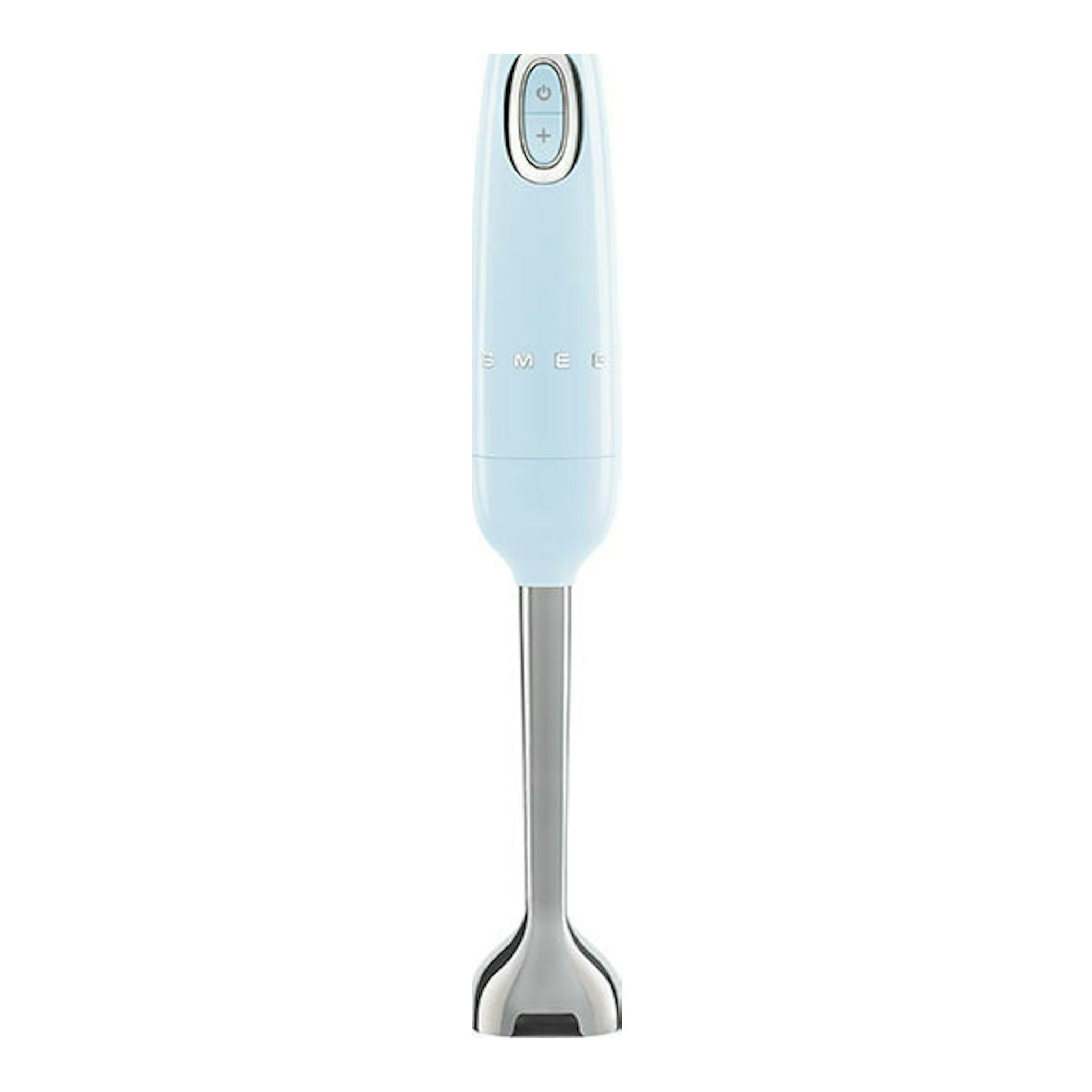 Batidora de mano Smeg HBF03PBEU azul pastel, vista frontal sobre fondo blanco.