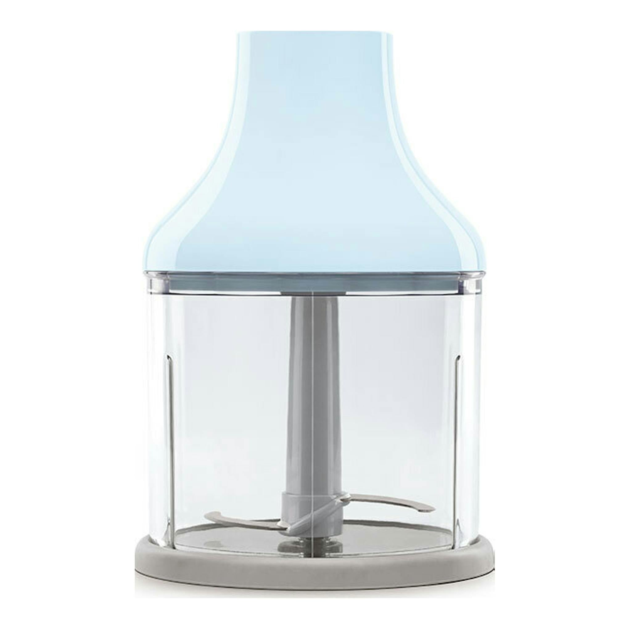 Smeg HBF03PBEU, accesorio picador azul pastel, vista frontal, vaso transparente y base gris.
