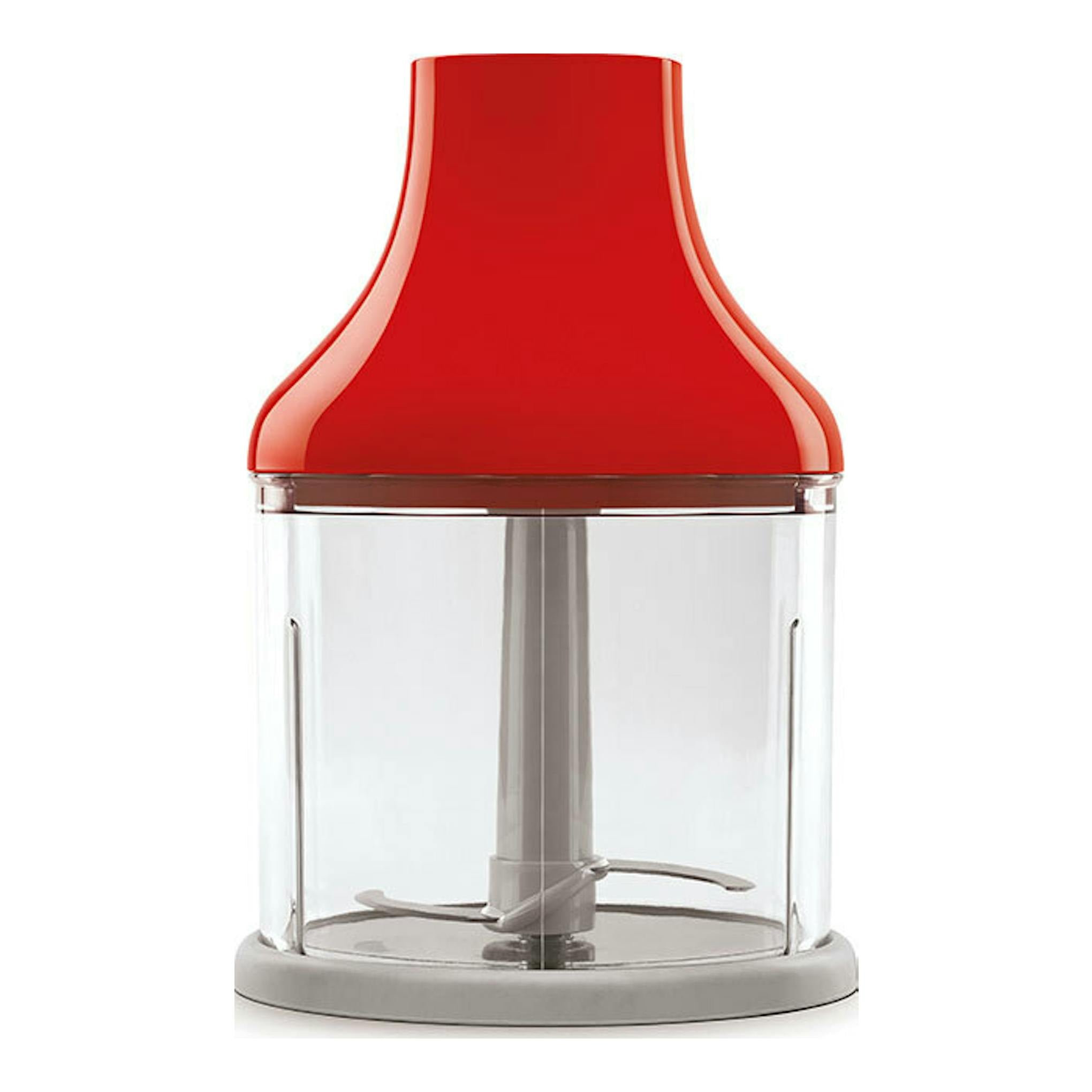 Smeg HBF03RDEU rojo, accesorio picador con vaso transparente y base gris, vista frontal.