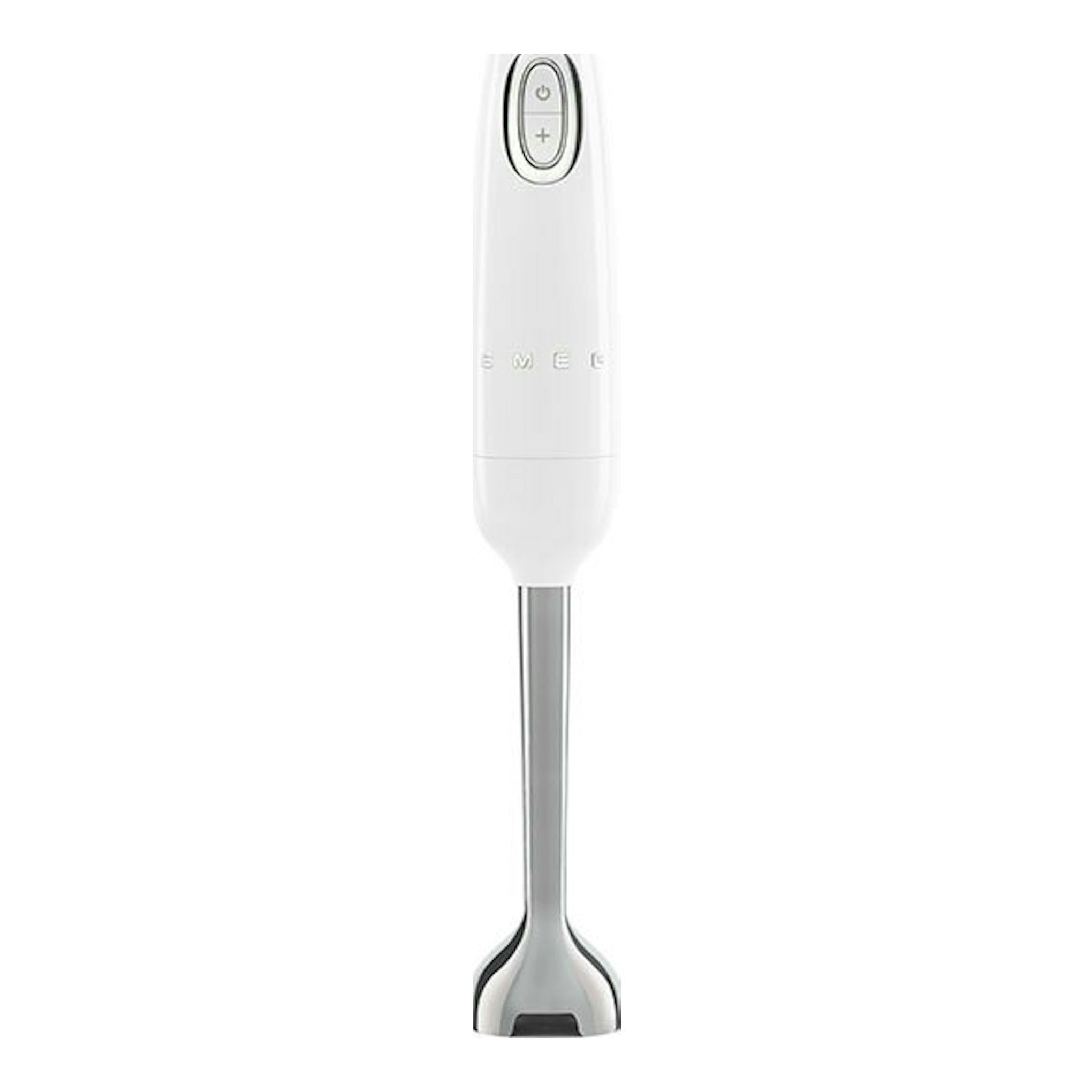Batidora de mano Smeg HBF03WHEU blanca, vista frontal, con cuerpo blanco y varilla metálica.