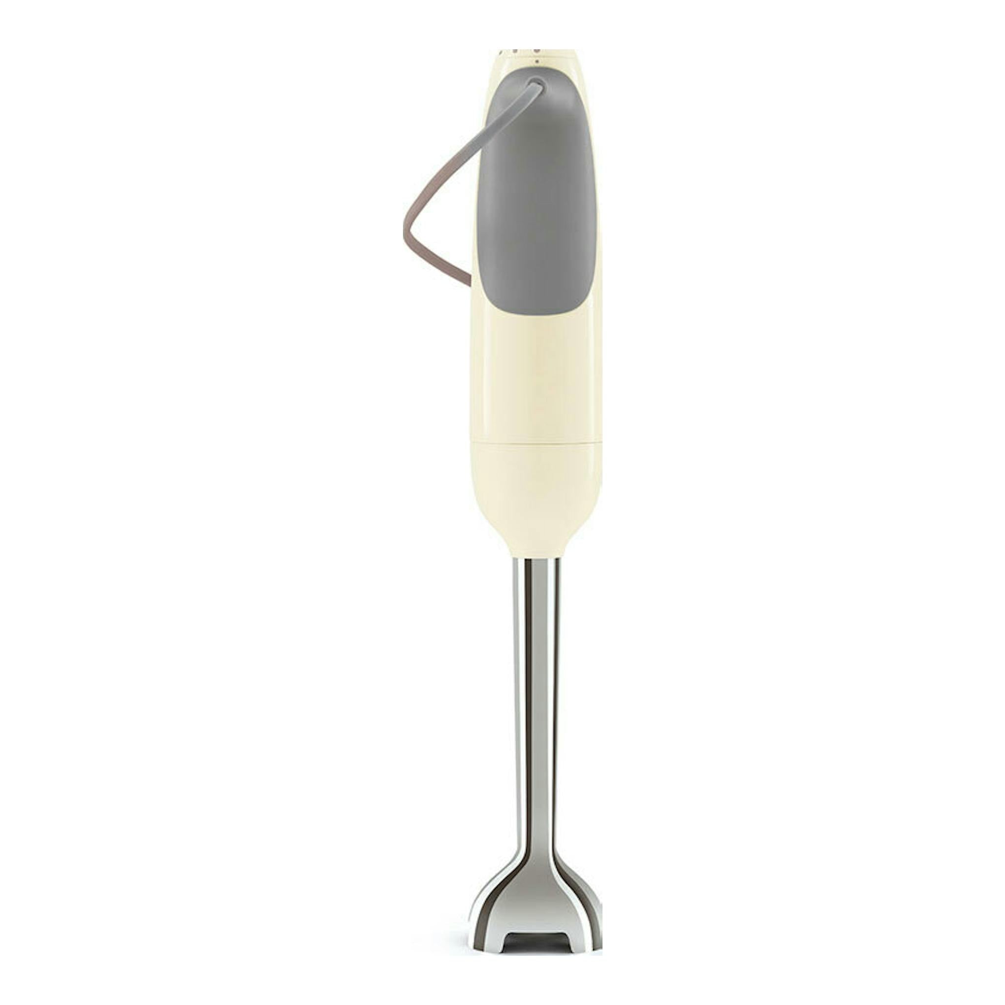 Batidora de mano Smeg HBF11CREU crema, vista frontal, con cuerpo beige y detalle gris, pie metálico.