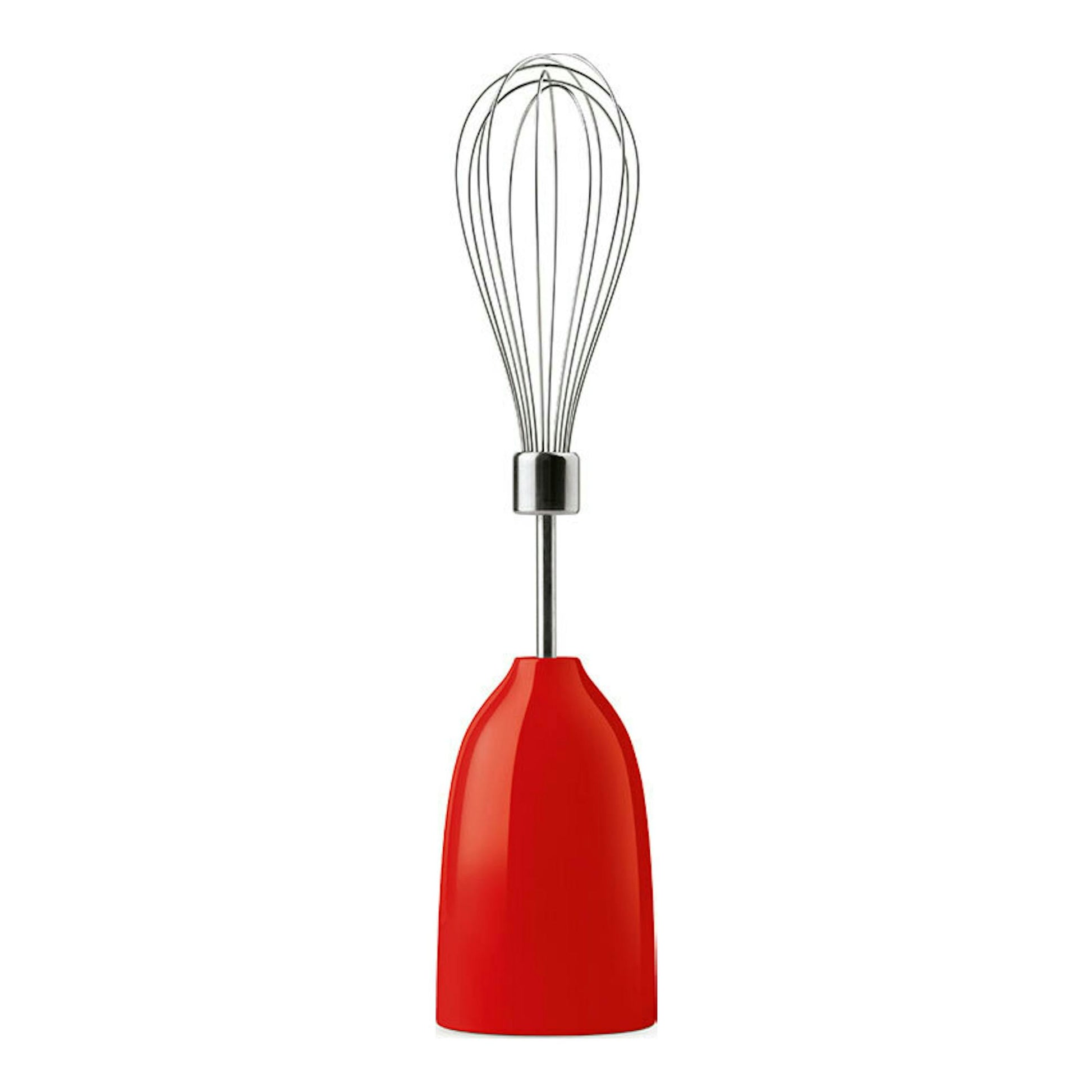 Batidora de mano Smeg HBF22RDEU roja, vista frontal, con varillas metálicas y cuerpo rojo.