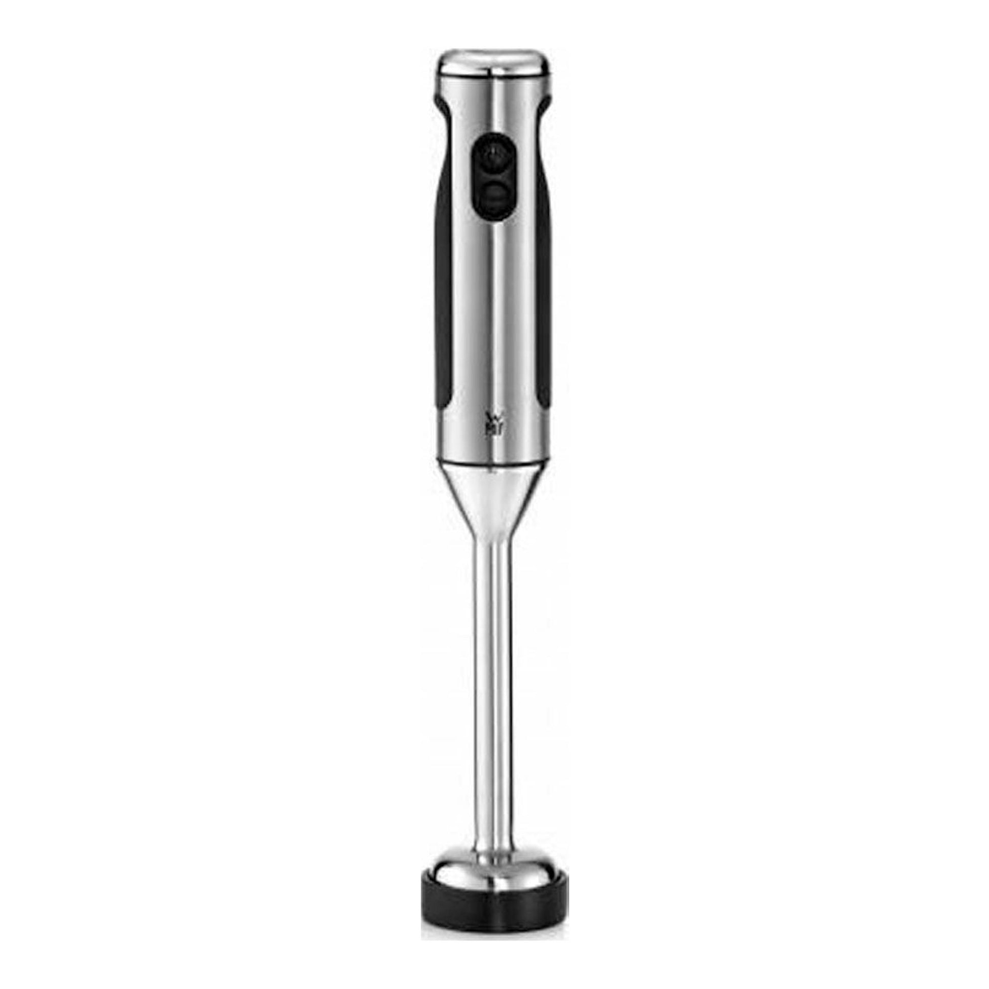 Batidora de mano WMF LINEO, vista frontal, cuerpo inoxidable y negro, con pie metálico sobre fondo blanco.