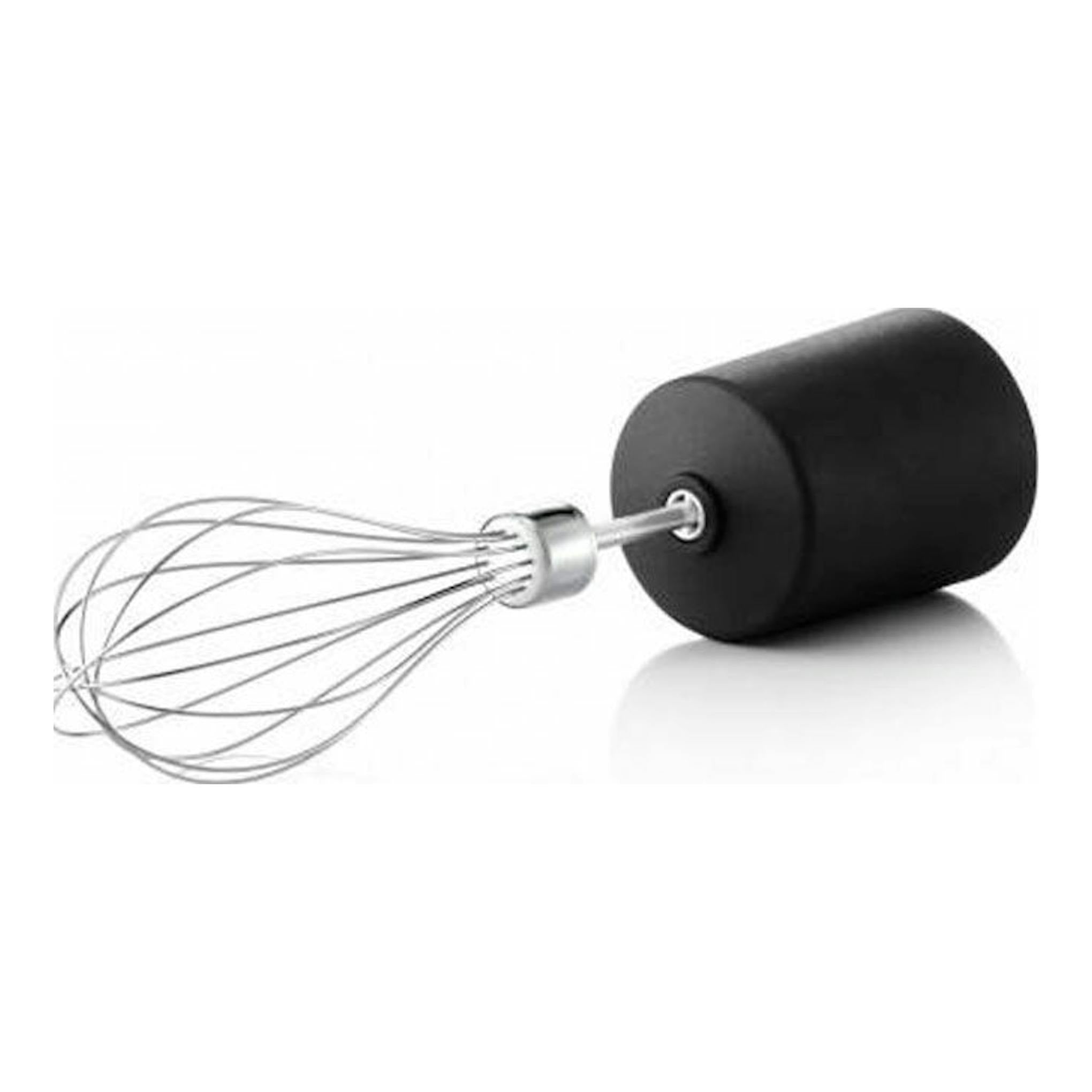 Batidora de mano WMF LINEO negra, vista lateral, con varilla batidora metálica sobre fondo blanco.